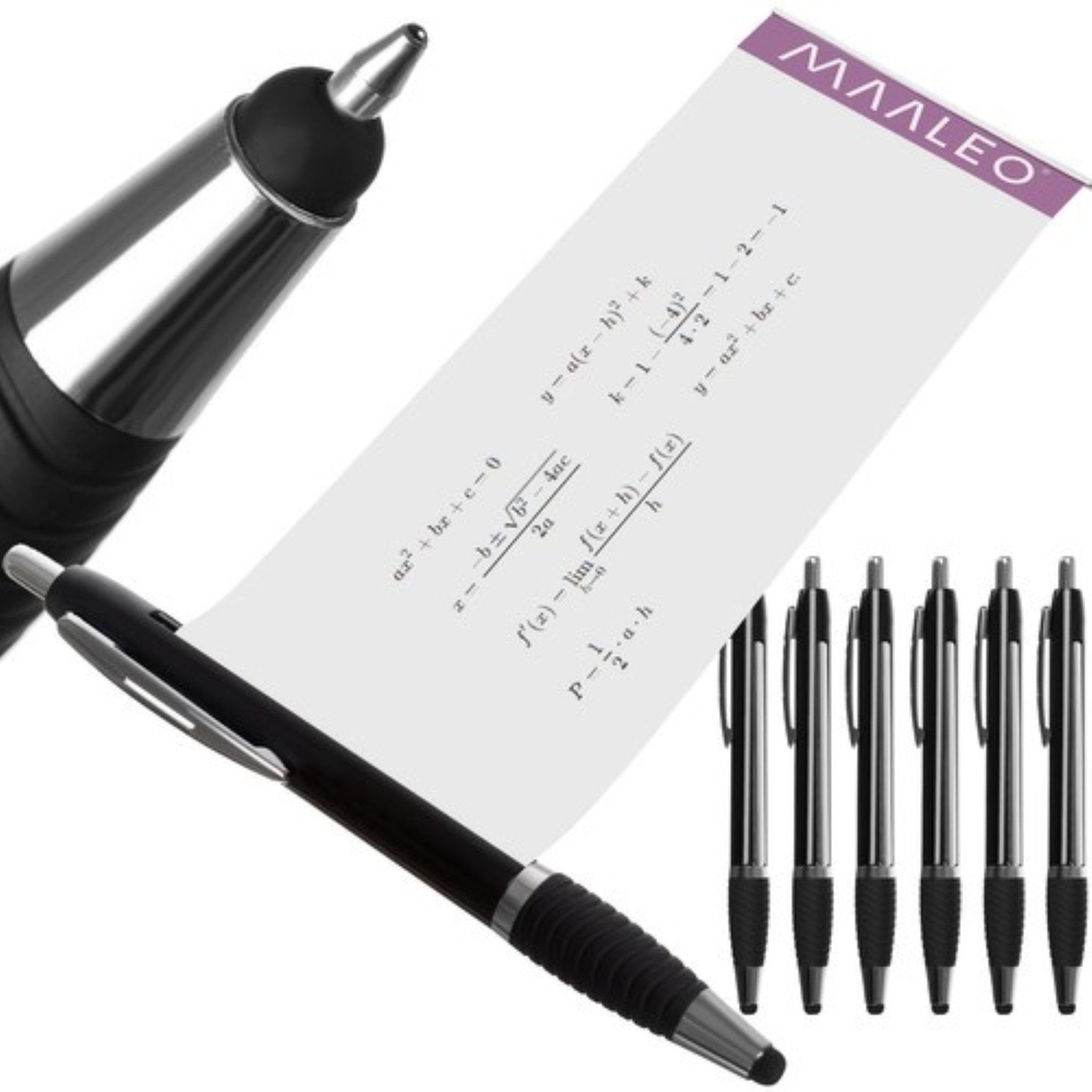 MAALEO Druckkugelschreiber 6er-Set Kugelschreiber mit Notizzettel und Touchscreen-Spitze., (Mehrzweck-Kugelschreiber für Notizen & Touchscreens im 6er-Set., 6-tlg., 6 Kugelschreiber mit ausziehbarem Notizzettel in Blau & Schwarz), Stift mit ausziehbarem Notizzettel und Touchscreen-Spitze.