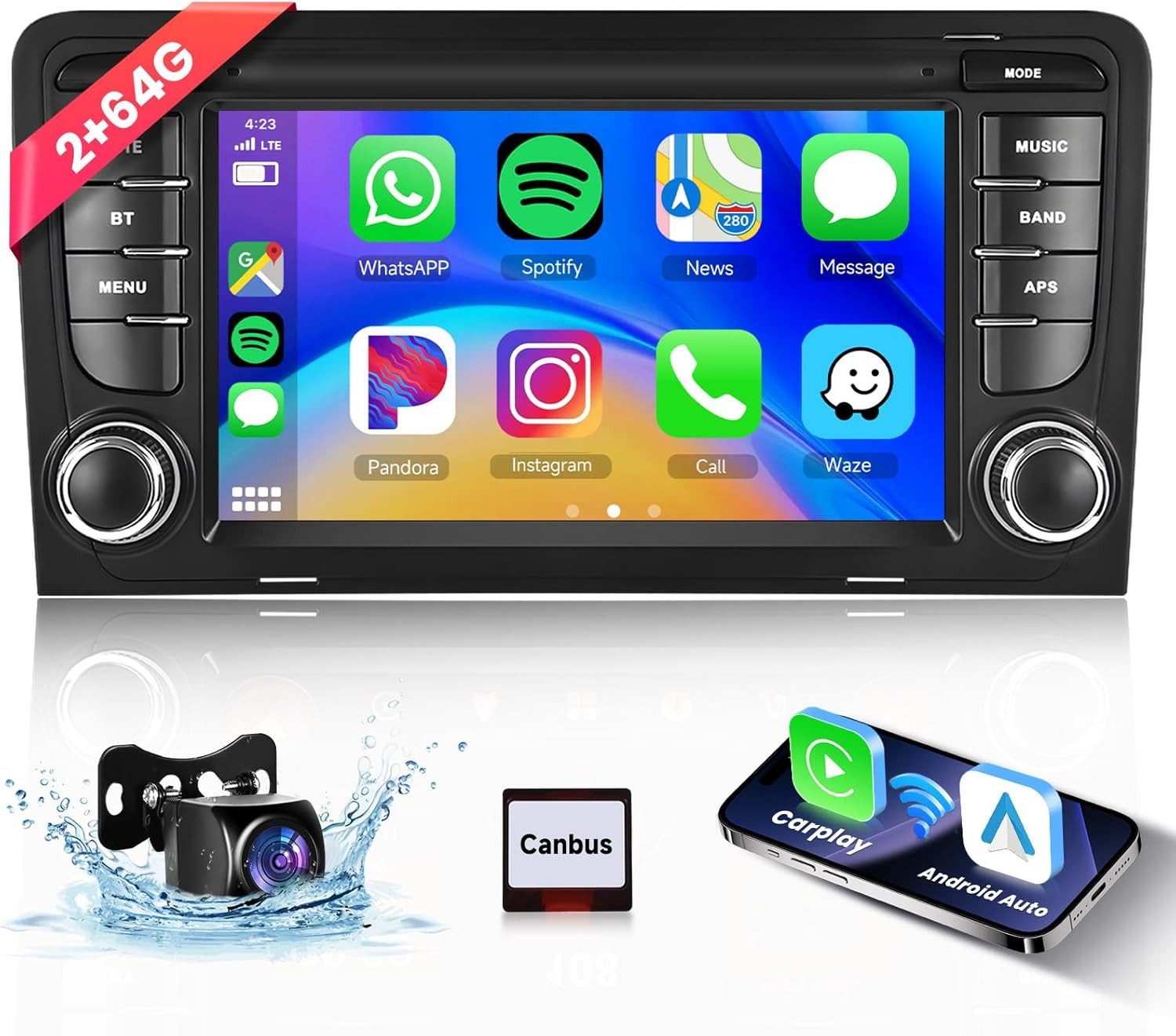 7" Android 15.0 2Din Autoradio für Audi A3 CarPlay GPS WIFI BT Autoradio