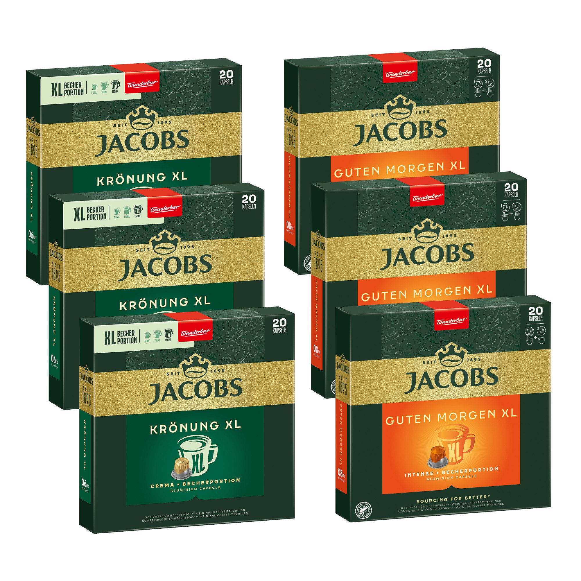 JACOBS Kaffee Kapseln 3x20 Krönung Crema XL + Guten Morgen XL Nespresso®* kompatiel, (Packung, 6er Pack), Gratis: 2x18 Kapseln JACBOS Origins 9 Colombia