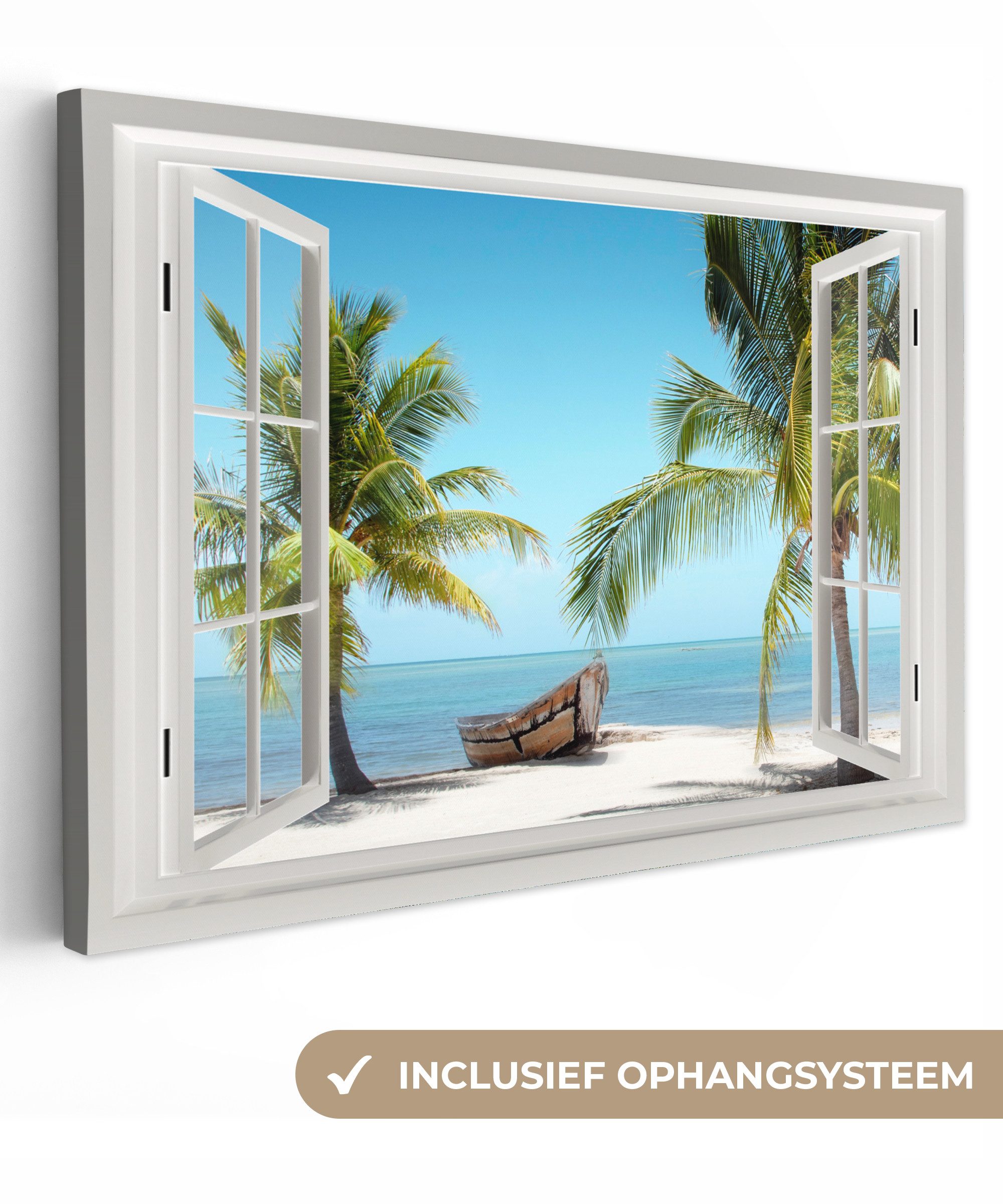 OneMillionCanvasses® Leinwandbild Aussicht - Strand - Palme - Boot - Tropisch - Meer - Blau, Fotodruck (1 St), Leinwand Bilder Klein, Wand Dekoration Aesthetic 30x20 cm