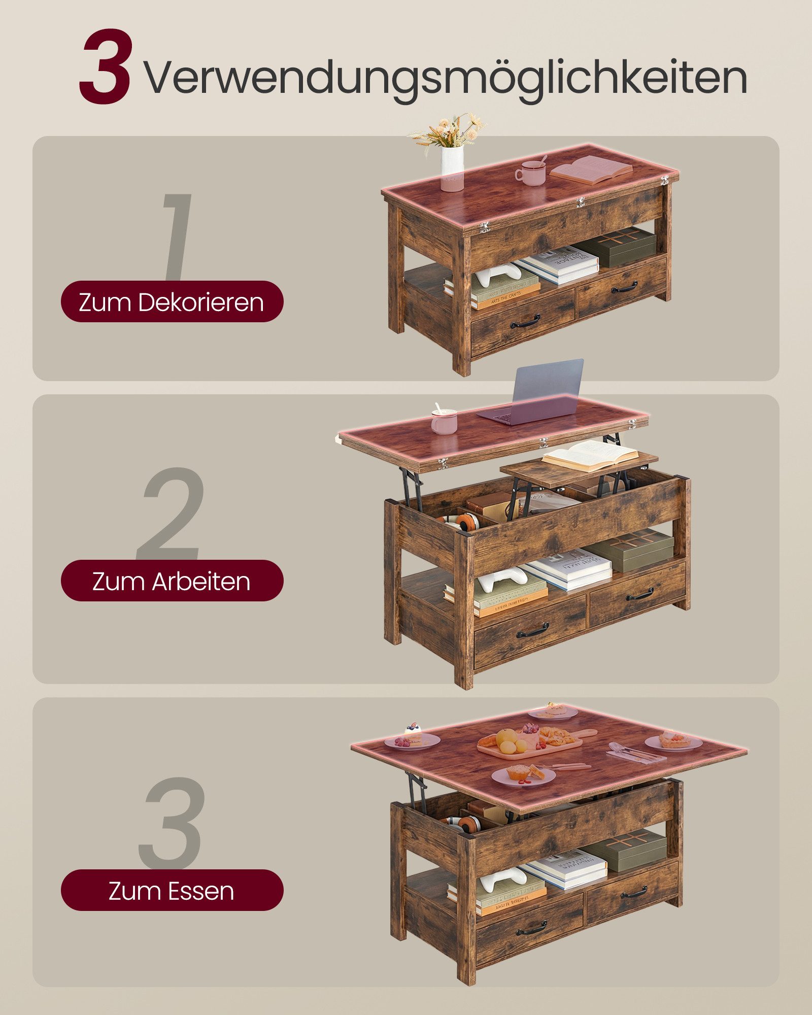VASAGLE Couchtisch höhenverstellbar mit 2 hochklappbaren Tischplatten, Stauraum (multifunktional, inkl. Zubehörpaket & Anleitung), 2 Schubladen und Ablage, Wohn – Bild 4 von 5