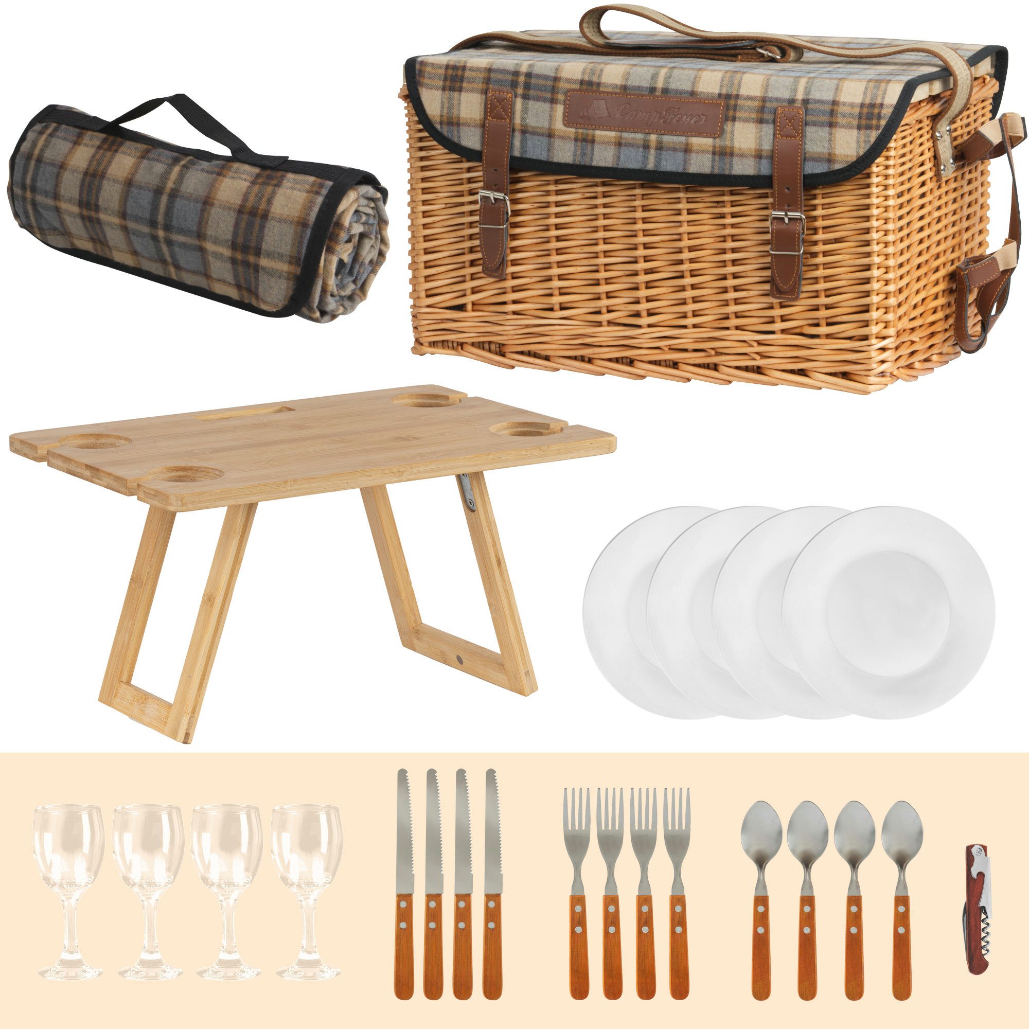 CampFeuer Picknickkorb 4 Personen mit Geschirr-Set und Serviertisch, 25-teilig, Weidenkorb mi (1 St)