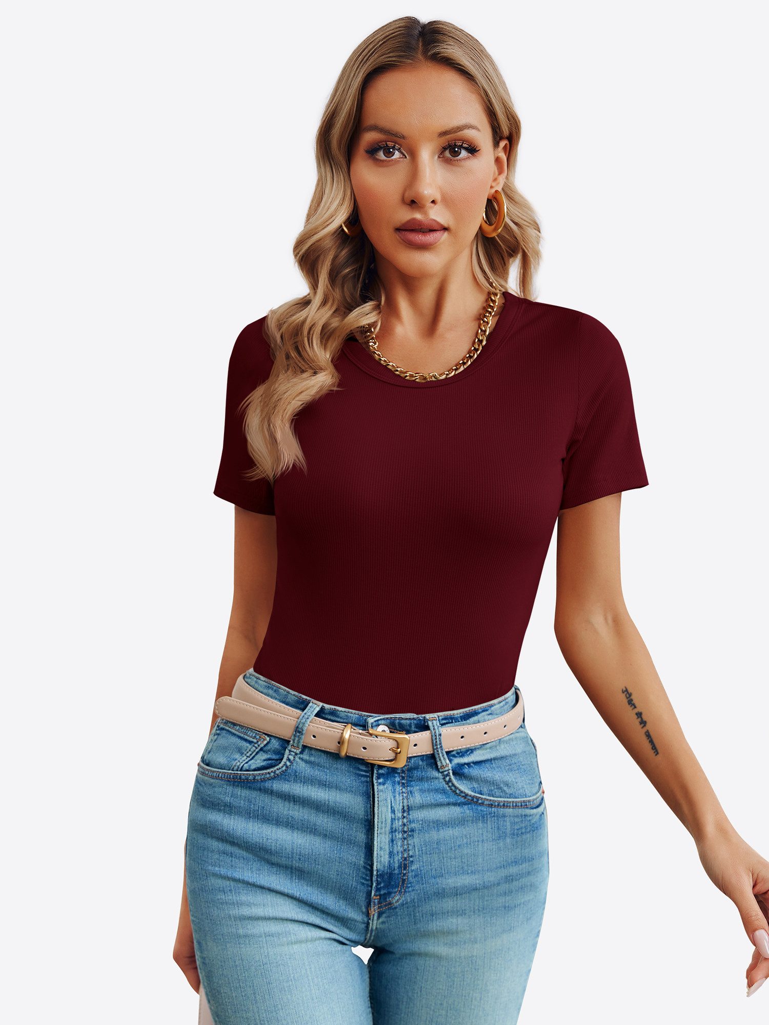 Imily Bela T-Shirt Damen Schlankes Oberteil mit Rundhals (Packung, 1-tlg., 1per-Pack) Rippbündchen