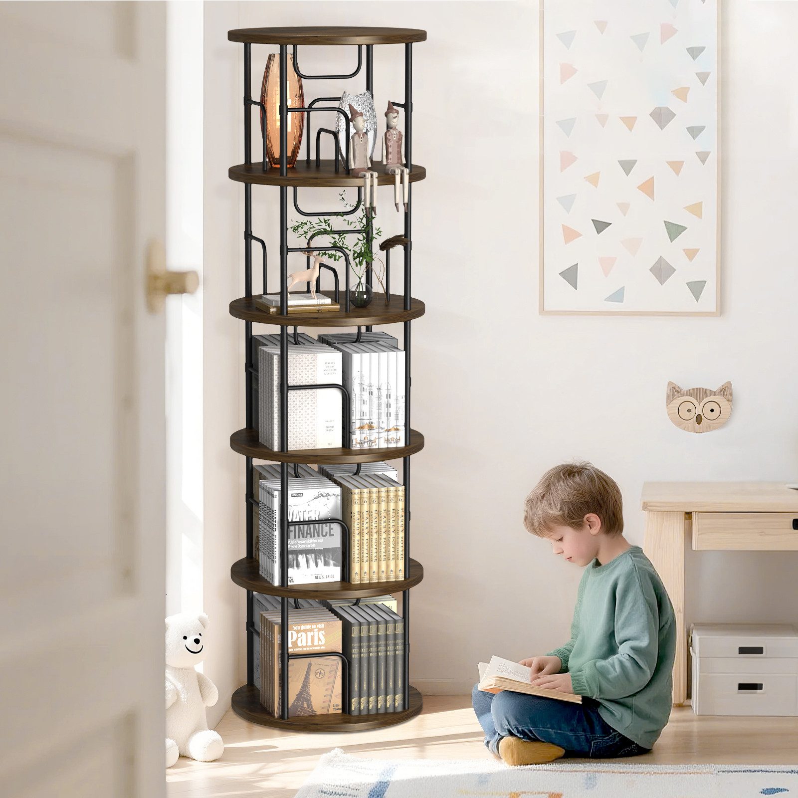 XERSEK Bücherregal 5 Ebenen 360° Drehbares Bookshelf Bodenstehendes Bücherschrank, 1.6m Aufbewahrungsregal Eckregal Spielzeugregal, für Kinderzimmer Wohnzimmer Schlafzimmer Büro Aufbewahrung