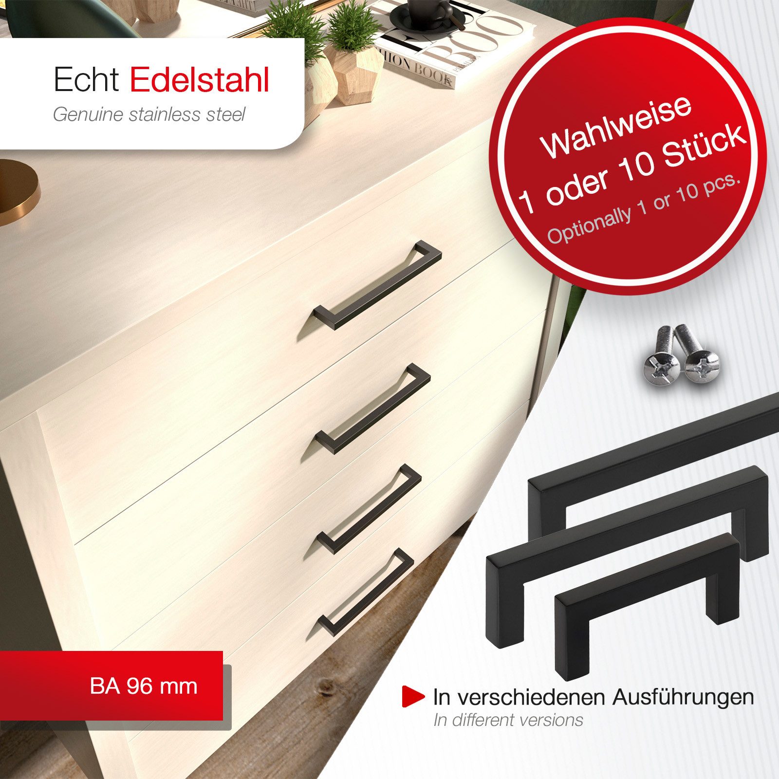 SO-TECH® Möbelgriff Stangengriff E8, aus echt Edelstahl, Profil eckig 10x10 mm (1-St), schwarz matt, Bohrlochabstand 96 mm, mit Schrauben