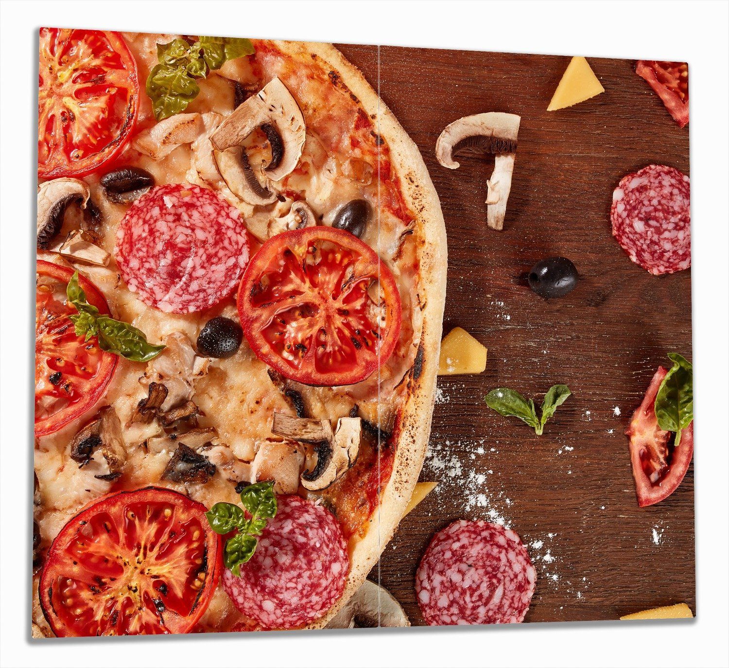 Wallario Herd-Abdeckplatte Pizza mit Tomaten, Salami, Oliven und Pilzen, ESG-Sicherheitsglas, (Glasplatte, 2 tlg., inkl. 5mm Noppen), verschiedene Größen