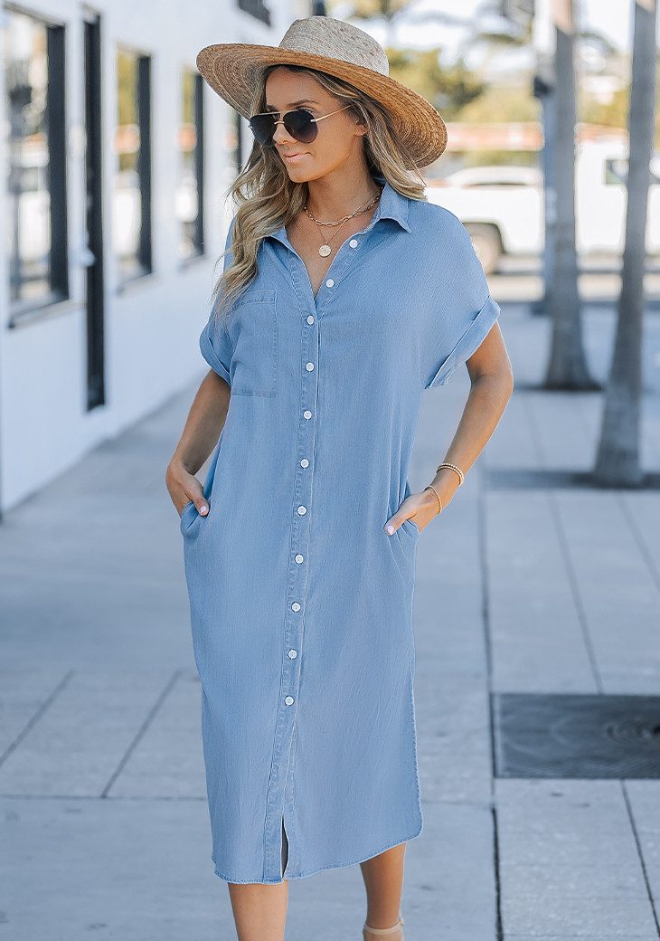 Cupshe Strandkleid Maxikleid Lässiges Frühlings-Denim-Kleid mit Seitentaschen