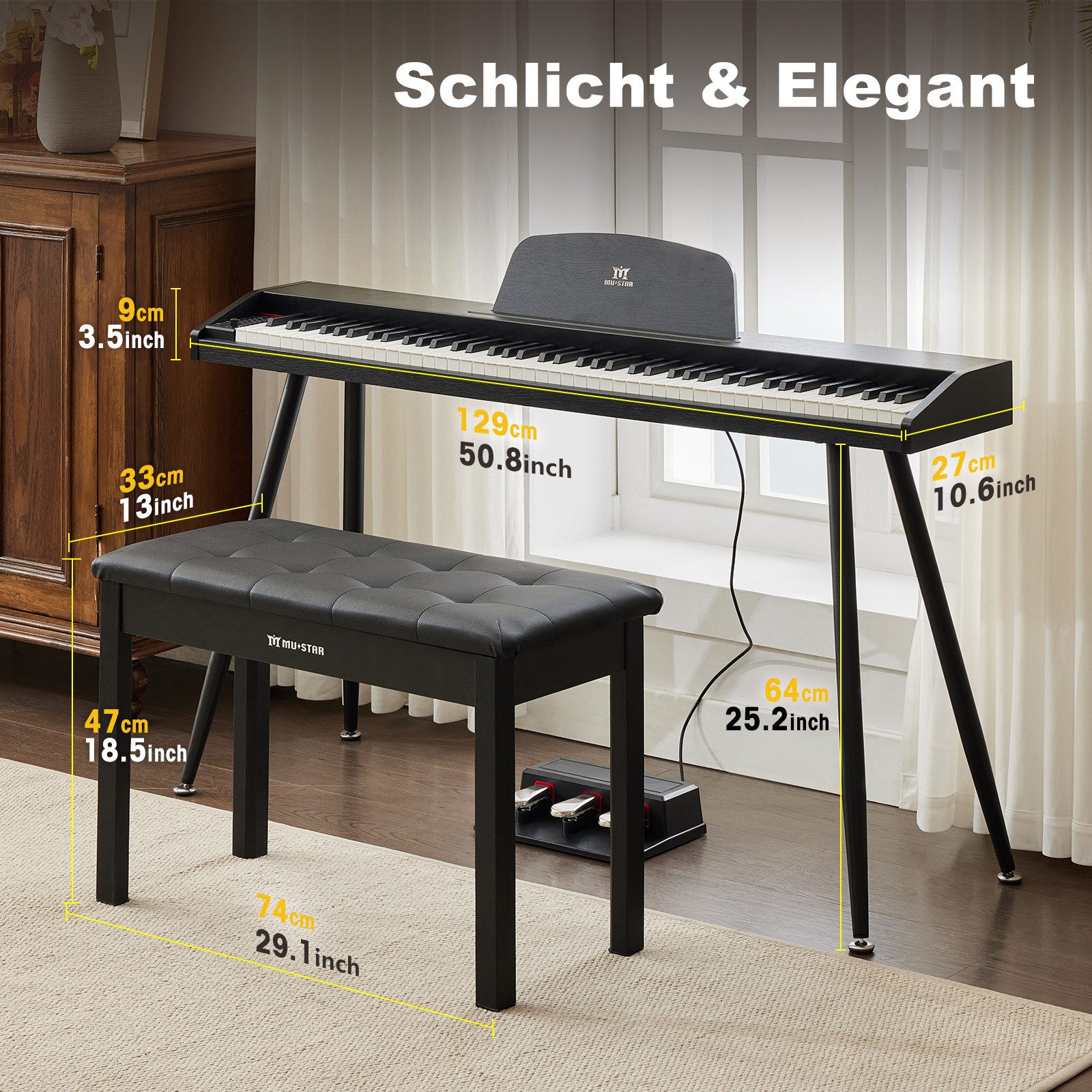 MUSTAR Digitalpiano mit 88 anschlagdynamischen Tasten, Klavierhocker und 3 Pedaleinheiten (mit Klavierbank), Portables E-Piano in voller Größe mit MIDI-USB und Ständer