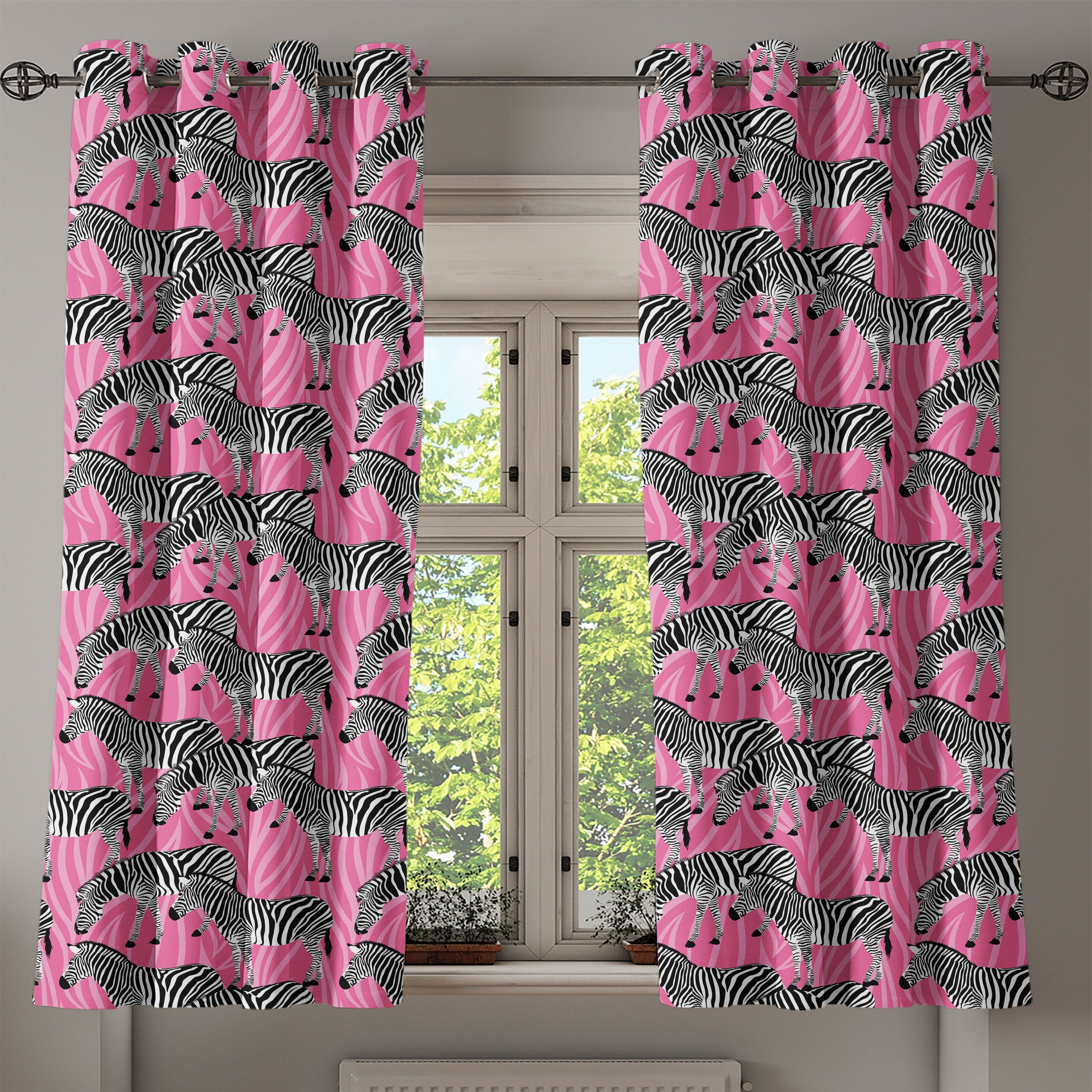 Gardine Dekorative Zebra rosa Tiere Abakuhaus, Schlafzimmer Wilde Wohnzimmer, 2-Panel-Fenstervorhänge Pastell für