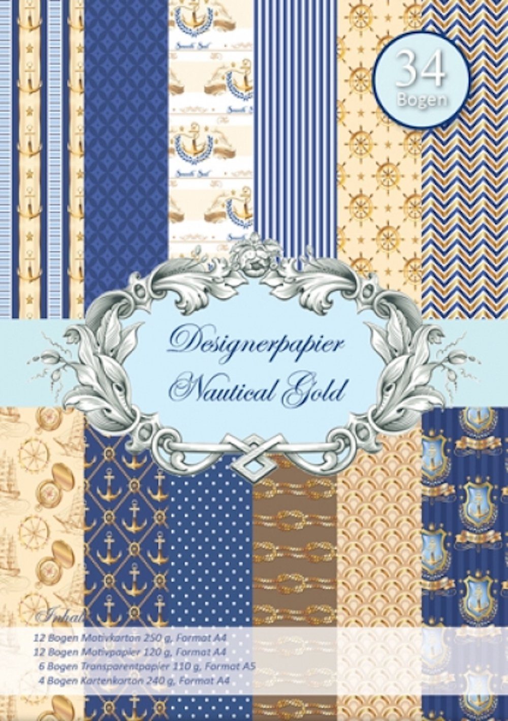 H-Erzmade Zeichenpapier Designerpapier, Nautical Gold, 34 Bogen verschiede