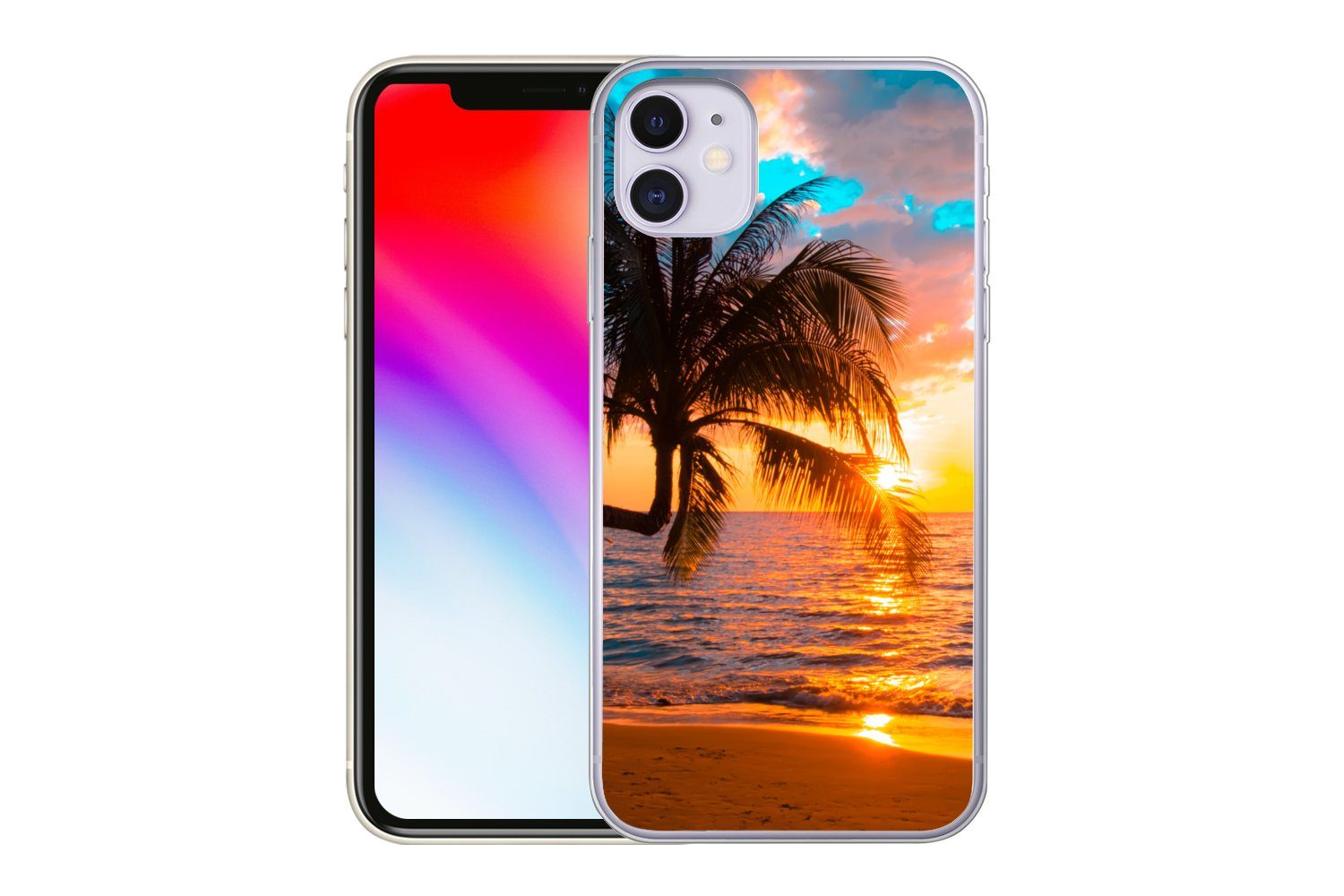 MuchoWow Handyhülle für Apple iPhone 11 Palme - Sonnenuntergang - Horizont - Strand - Meer, Smartphone-Bumper, Print, Handy Schutzhülle Dünn