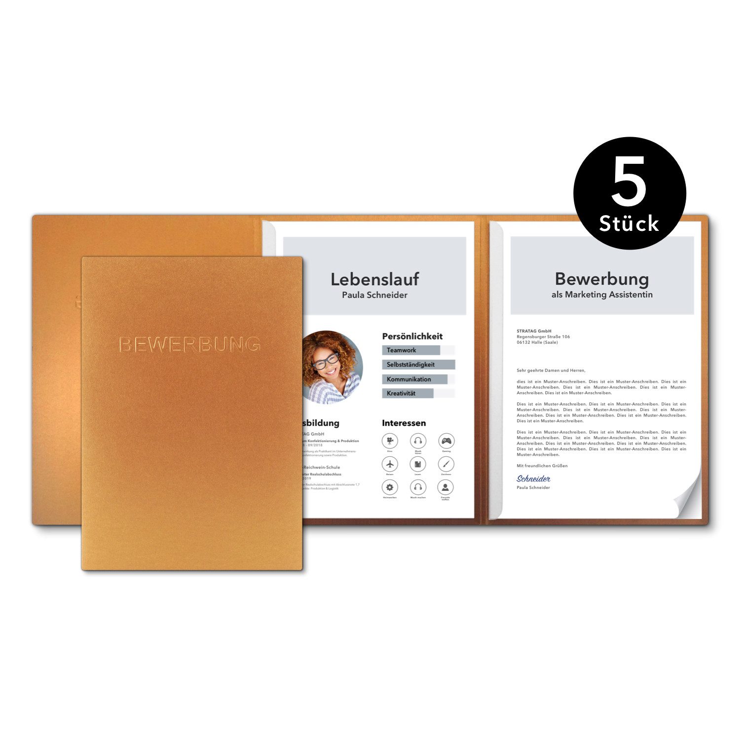 STRATAG Bewerbungsmappe favorit - 5 Stück 3-teilig mit 2 Klemmschienen und Metallic-Effekt (Set, 5-St., Premium-Qualität mit hochwertiger Prägung ''BEWERBUNG), direkt vom Hersteller STRATAG