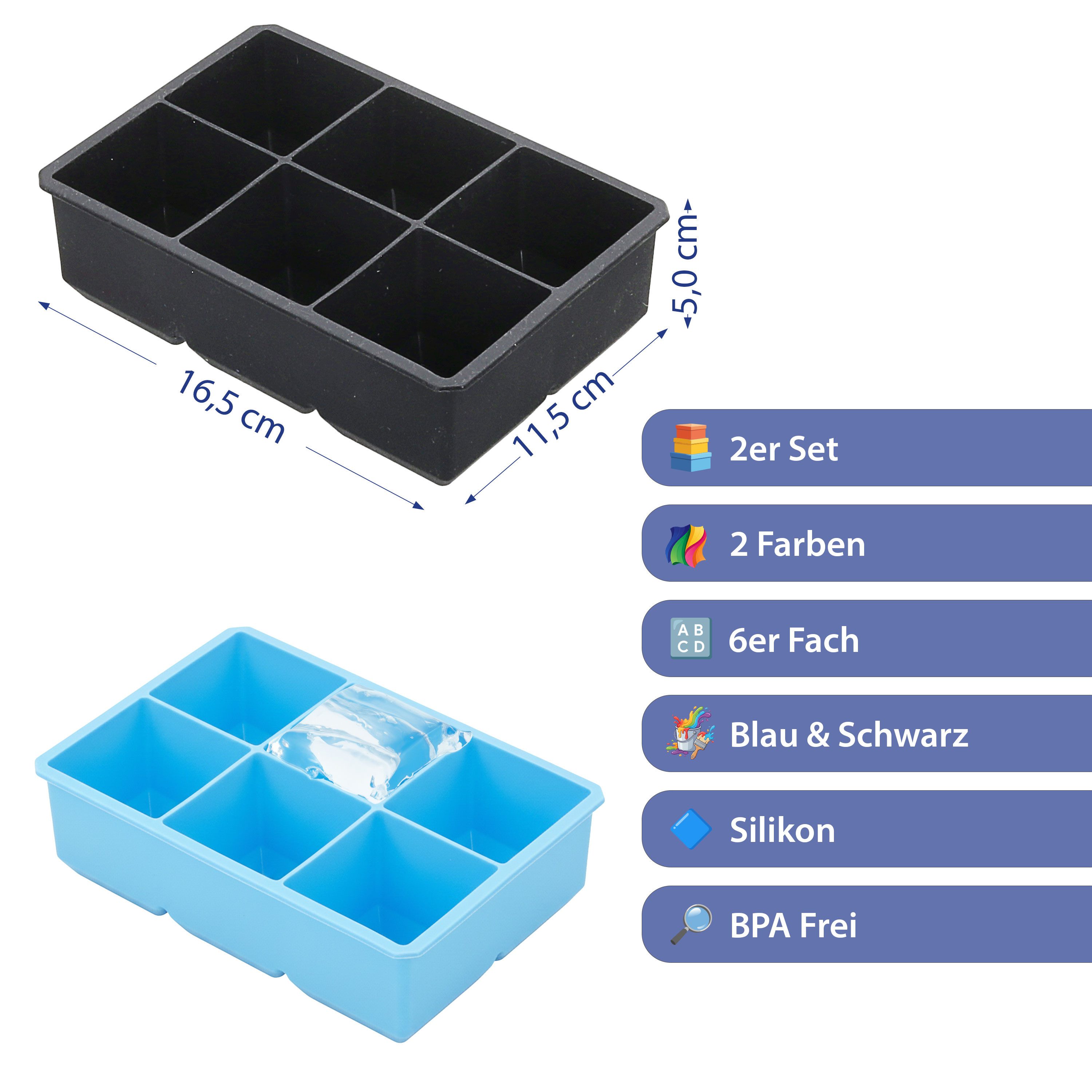 CEPEWA Eiswürfel-Steine Eiswürfelform 2er Set 17x5x12cm Silikon schwarz blau 6 XL Würfel