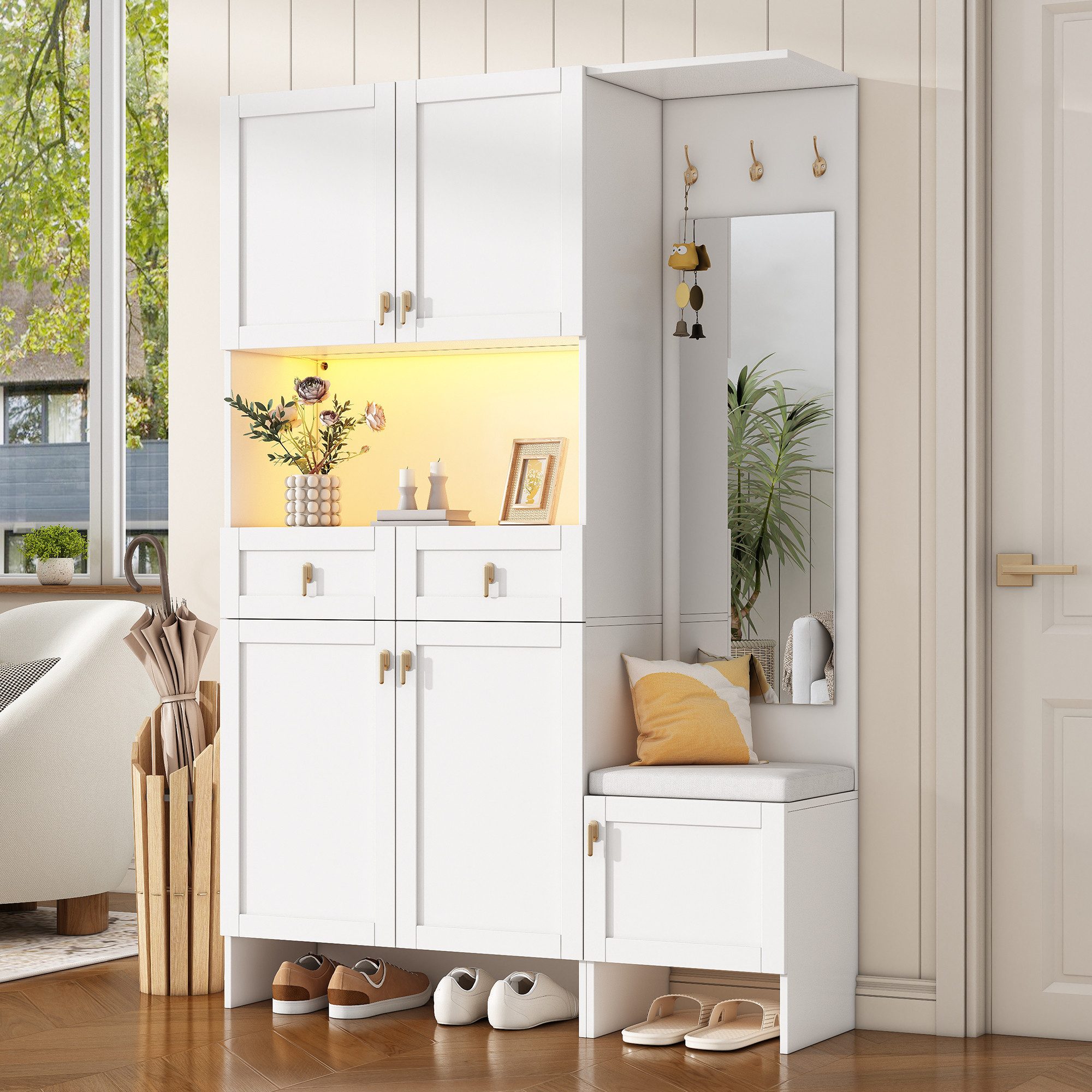 Flieks Garderoben-Set mit Led-Beleuchtung, Schuhschrank, Schuhbank und Spiegel, (1-St., 120x33,5x180 cm), Flurmöbel Kompaktgarderobe mit Schubladen, Haken Weiß