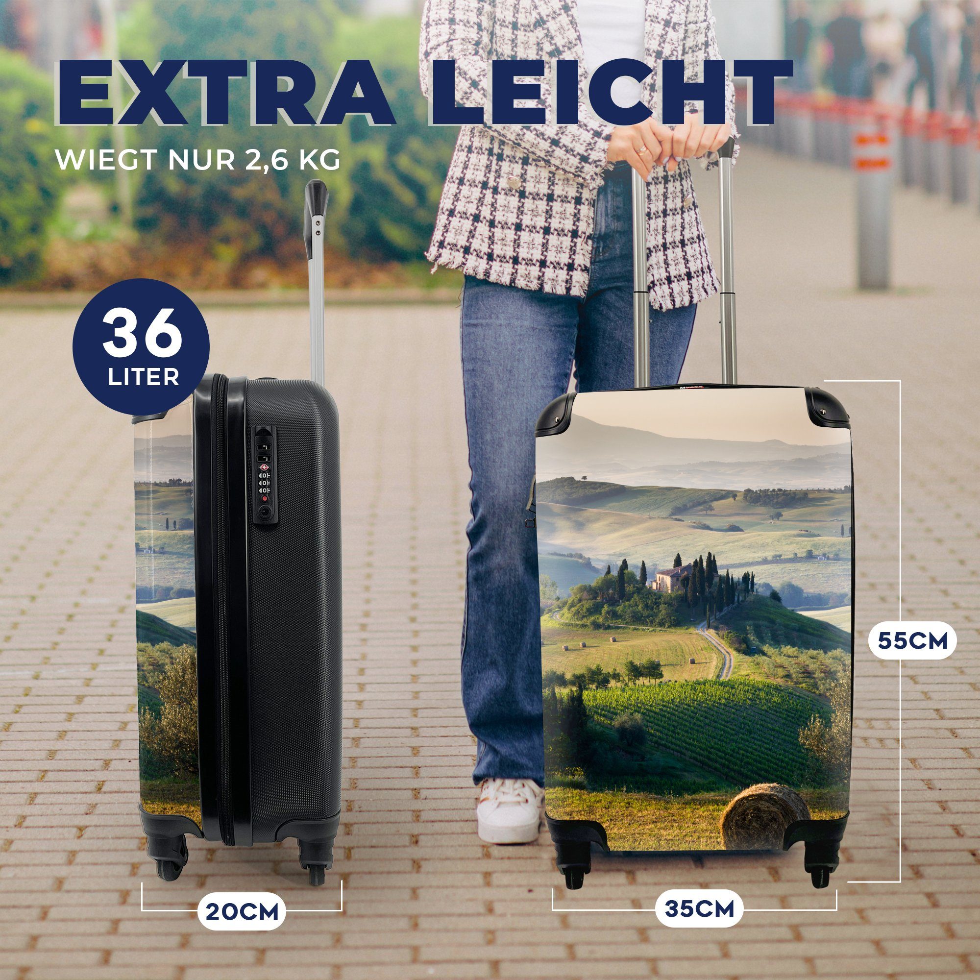 MuchoWow Handgepäckkoffer - Ferien, Toskana mit - rollen, für Reisekoffer Grün, Rollen, Handgepäck Trolley, 4 Reisetasche Landschaft