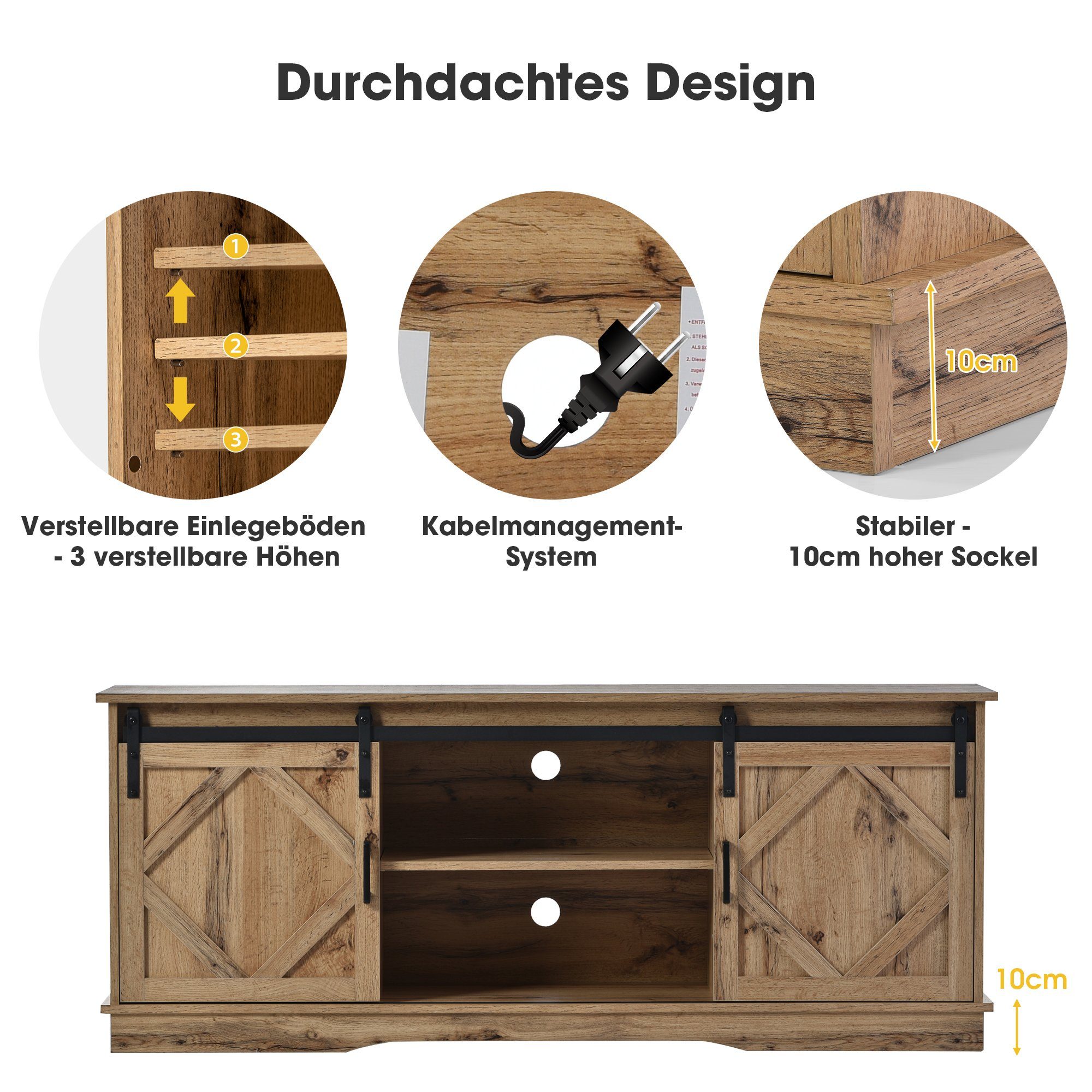 2 weiβ/braun einstellbare Odikalo TV Stand Regale Schiebetüren, Sideboard TV-Schrank mit