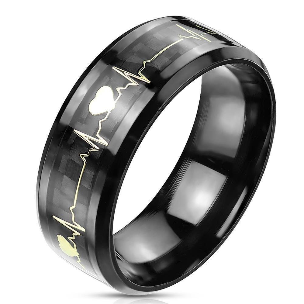 BUNGSA Fingerring Paarring schwarz mit goldenem 3D-Inlay Herzschlag aus Edelstahl Unisex (Ring, 1-tlg), Damen Herren