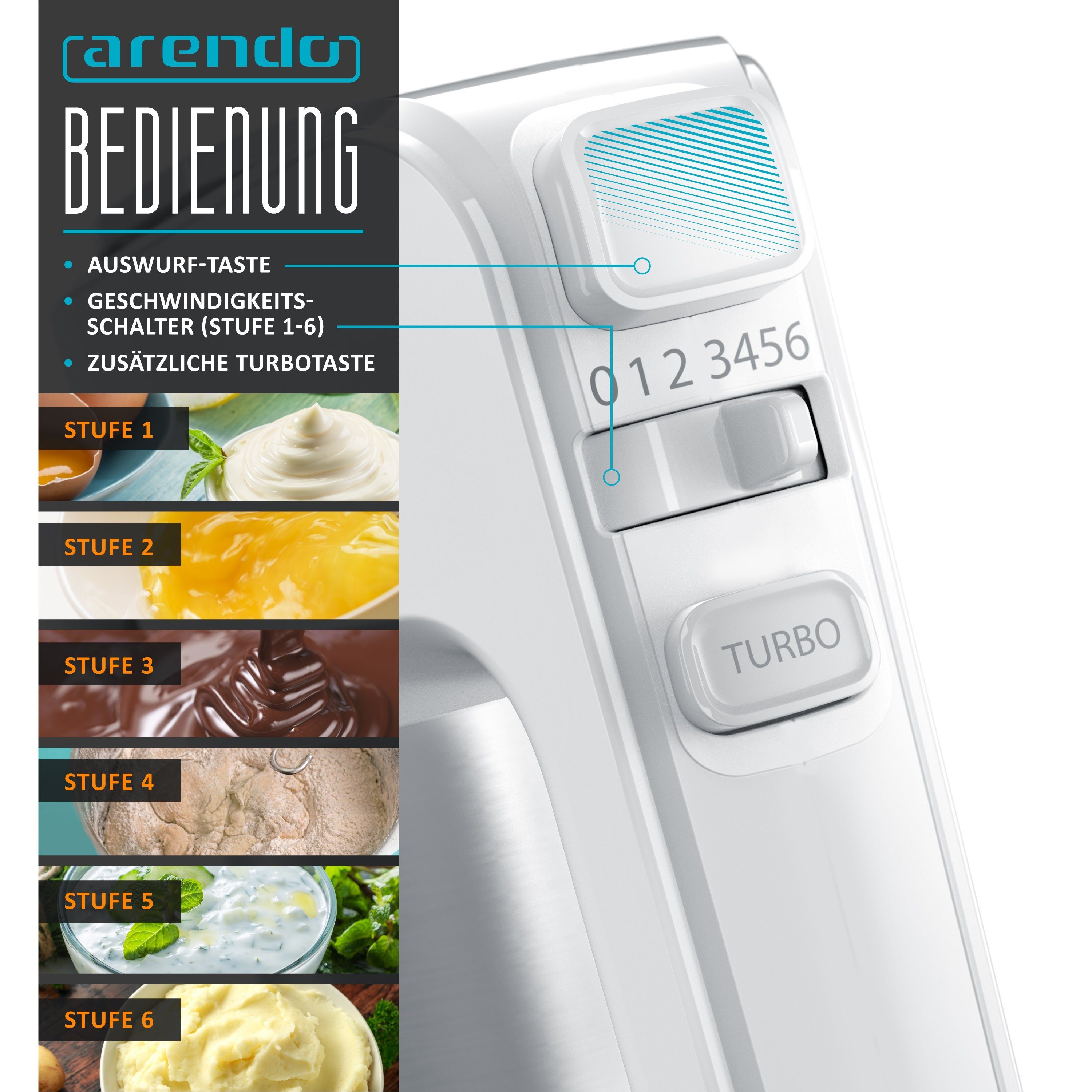 Arendo Handmixer Elektrischer Handrührer Edelstahl, 5 Geschwindigkeiten, Turbofunktion, 400 W, inkl. 2 Edelstahl Knethaken, ergonomisches Gehäuse, Thermosicheru – Bild 4 von 5