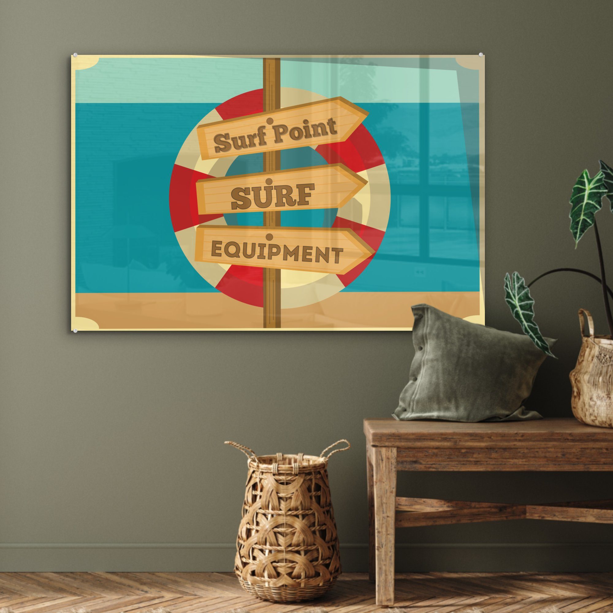 MuchoWow Acrylglasbild Illustration 'surf point, surf & Schlafzimmer (1 equipment' Wohnzimmer Rettungsboje, St), mit Acrylglasbilder