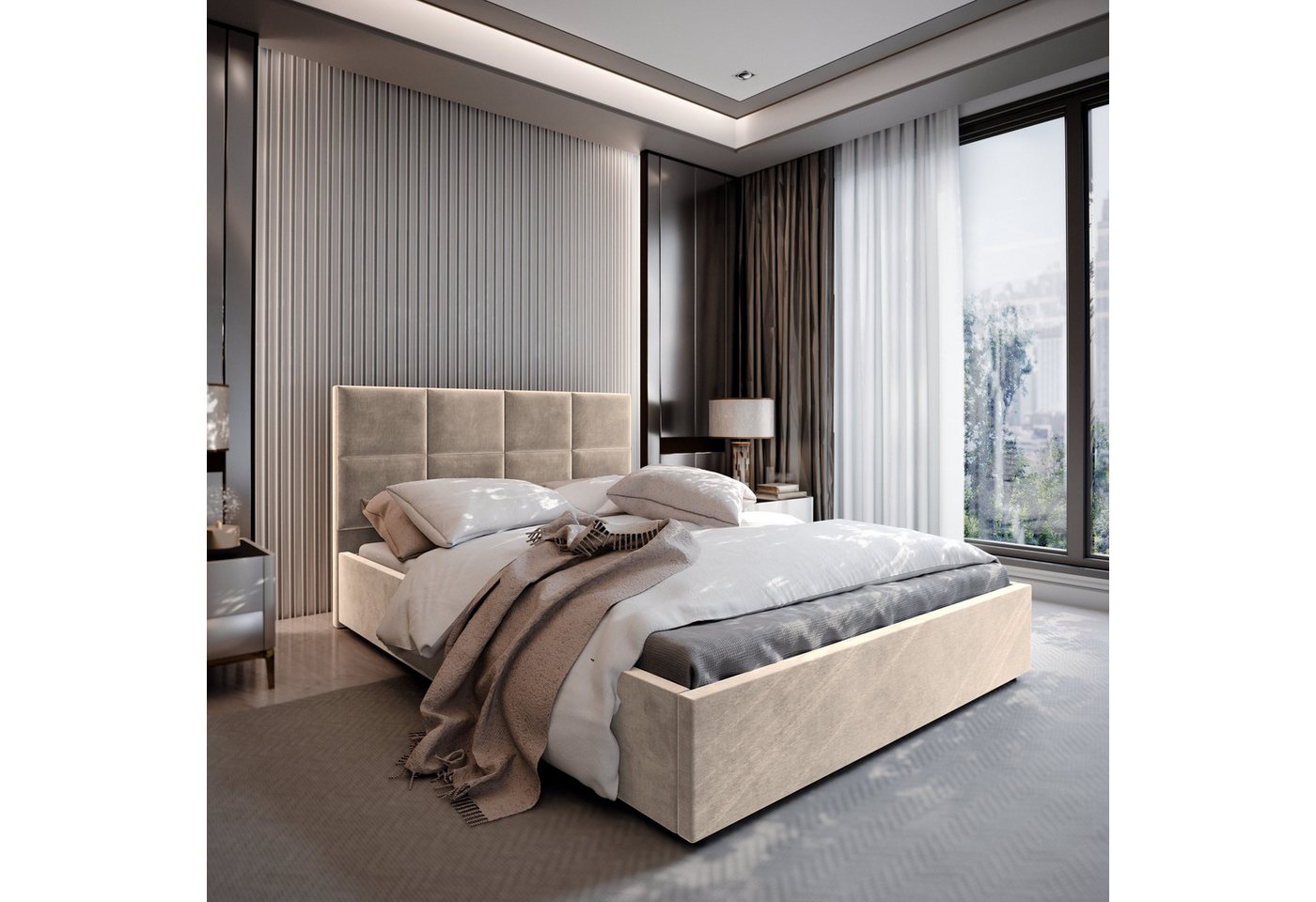 Masseno Polsterbett LIMENA 200x200 cm beige (mit Bettkasten und Lattenrost)