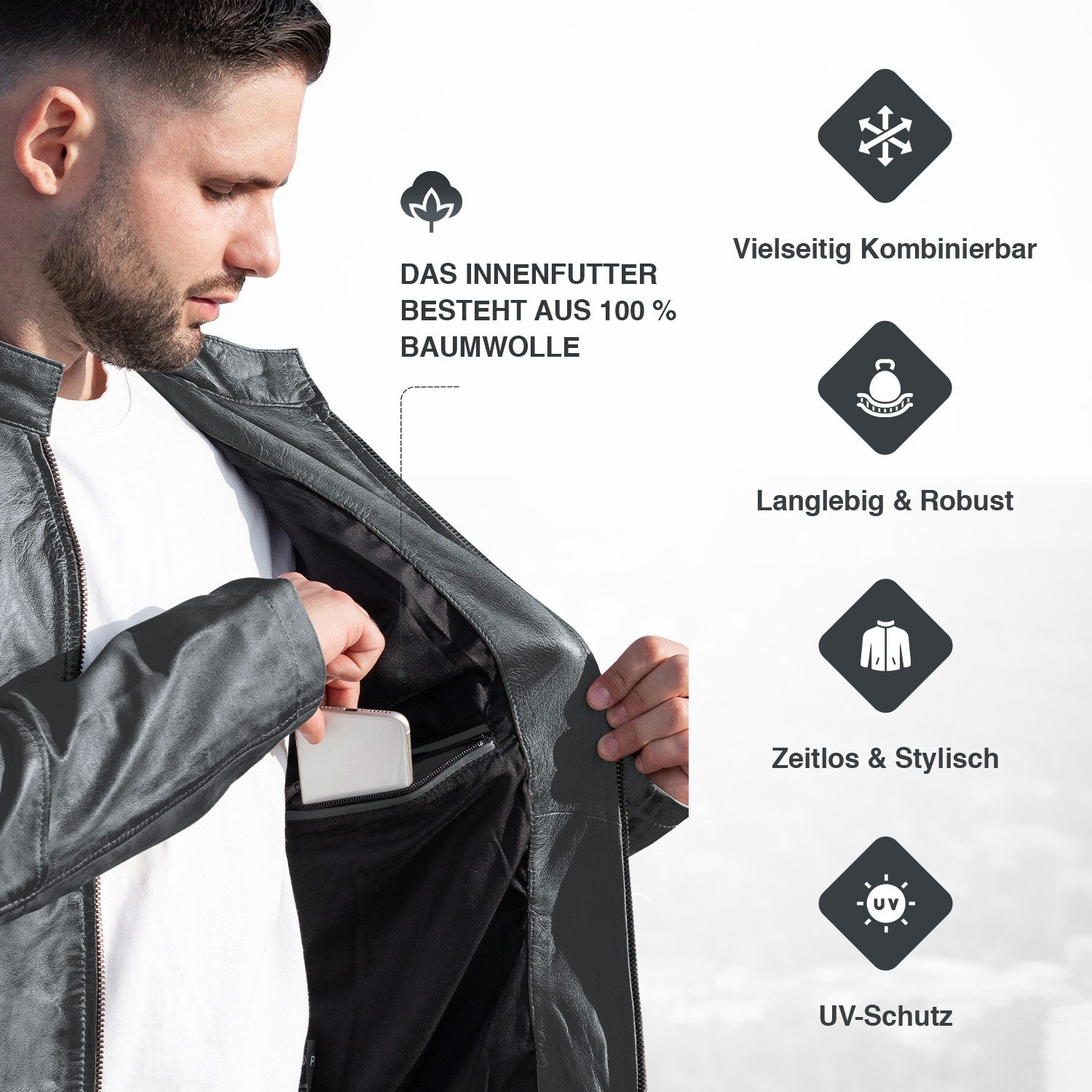 PAULGOS Lederjacke Herren Jacke Übergangsjacke Biker Look 100% Echtleder D3 – Bild 4 von 5
