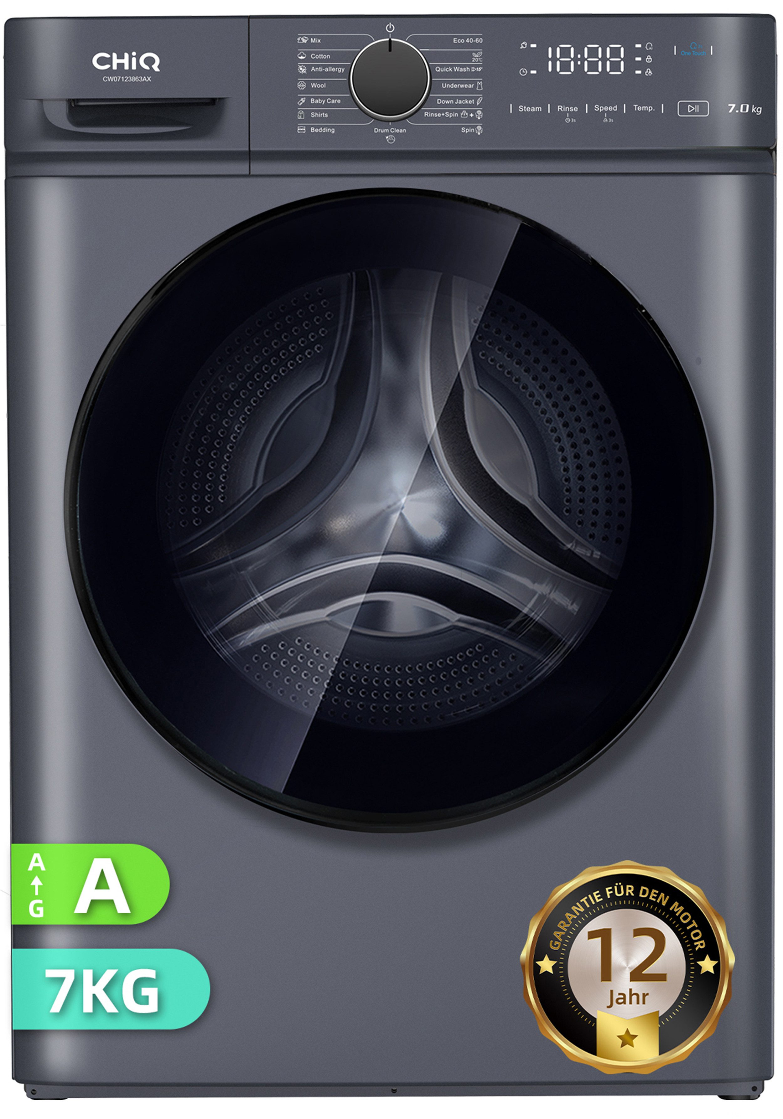 CHiQ Waschmaschine SPACE PRO CW07123863AX, 7 kg, 1200 U/min, Dampfsterilisation, 15-minütiger Schnellwaschgang