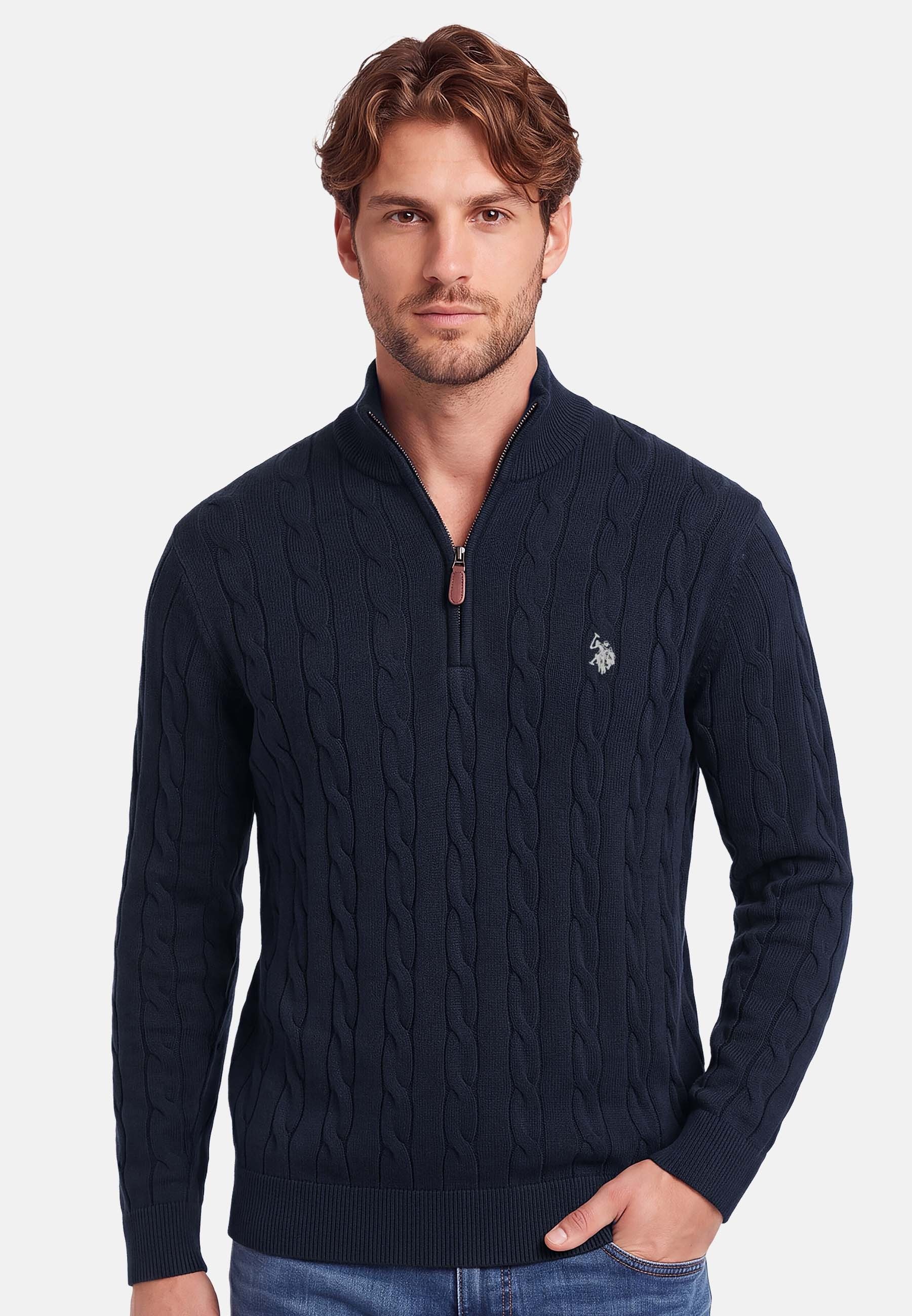 U.S. Polo Assn. Rundhalspullover Herren Halfzip Pullover mit Zopfmuster und Stehkragen 100% Baumwolle, weich, klassischer Zopfstrick-Look mit Half-Zip