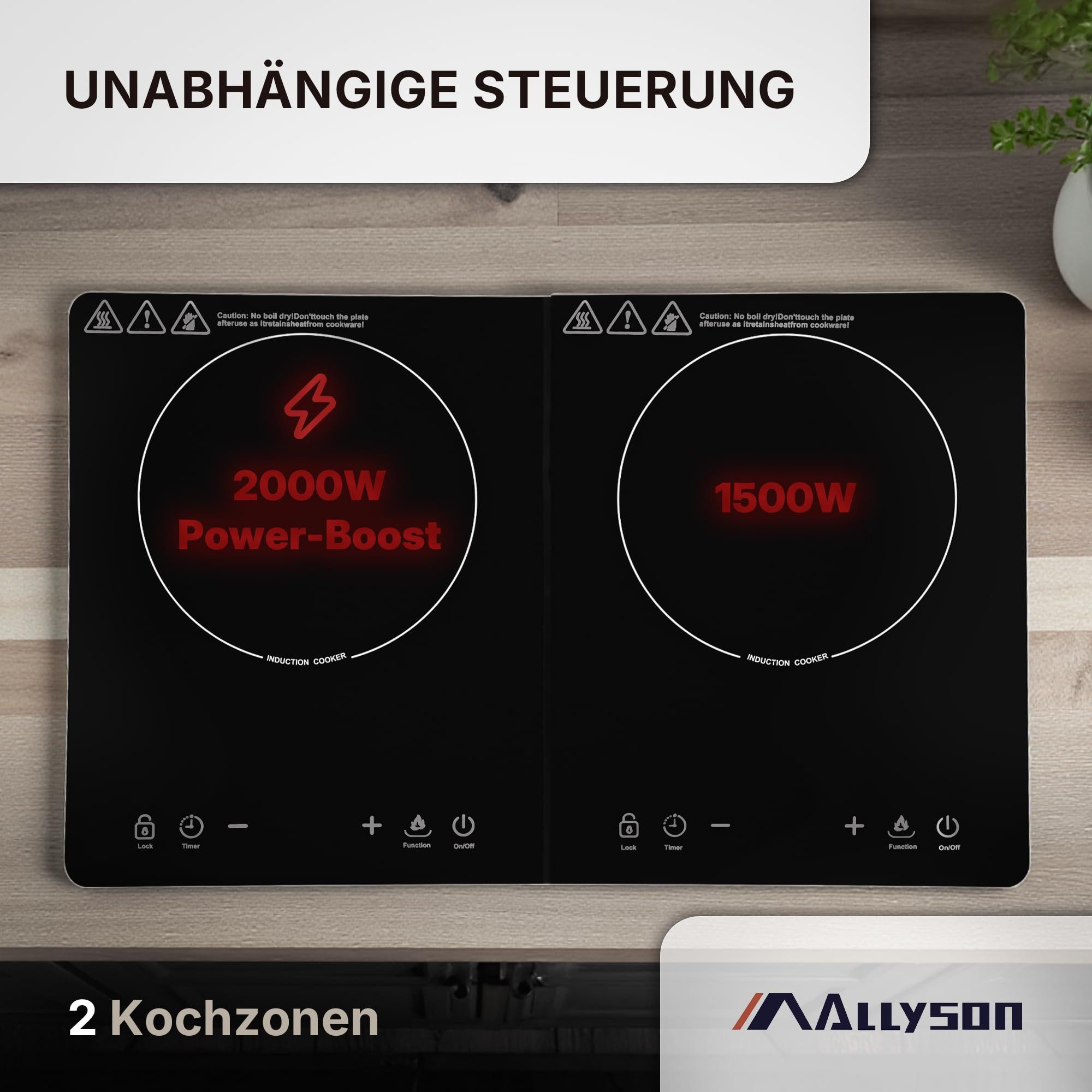 Allyson Doppelkochplatte Doppel Induktionsplatte, Mobiles Induktionskochfeld 2er Kochplatte, Einbaubar & mobil, 3500W Power, 10 Stufen, flaches Kristallglas-Design