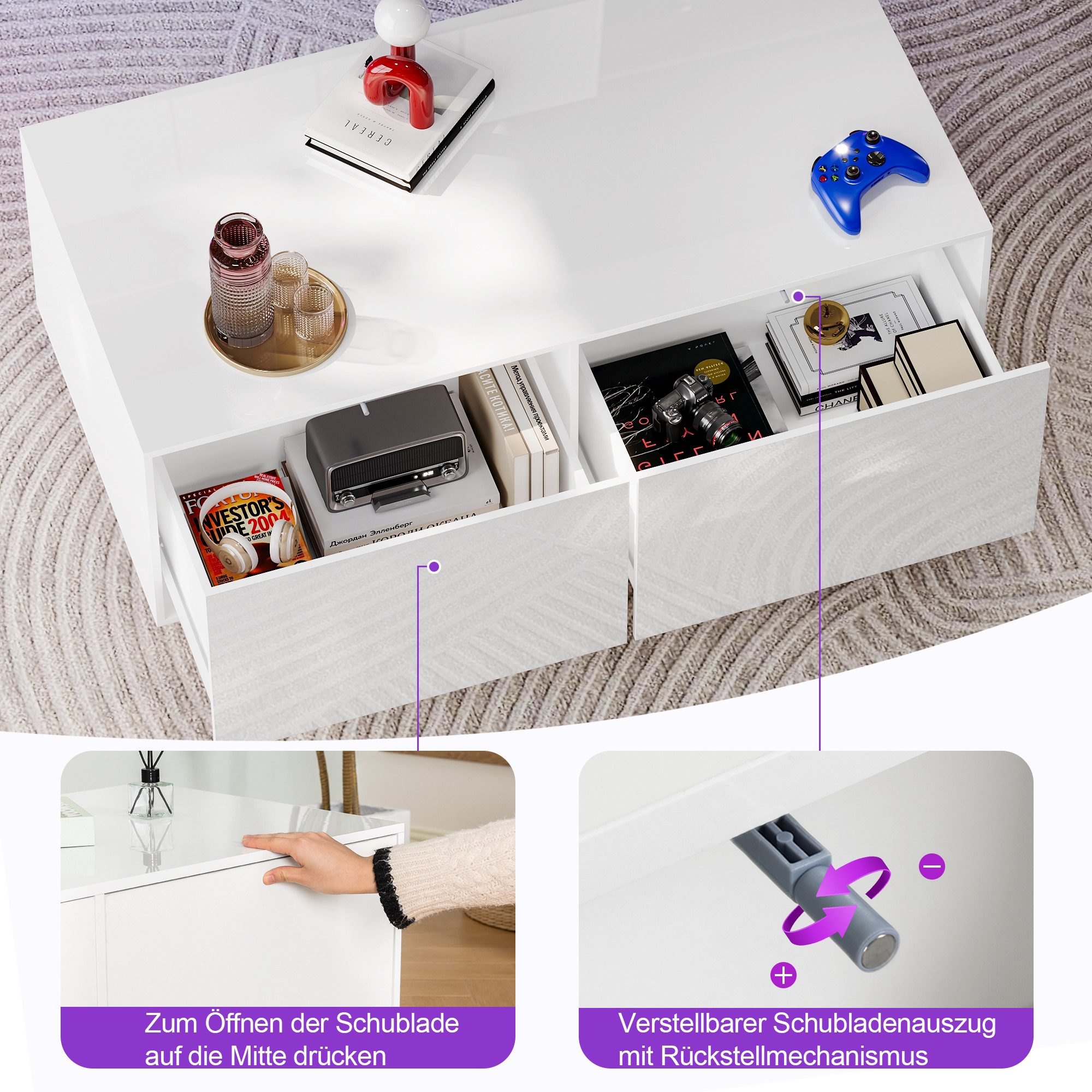 Hyaapwod Couchtisch Hochglanz-Couchtisch mit Schublade und offenem Fach (1-St), mit LED-Beleuchtung, Weiß – Bild 5 von 5