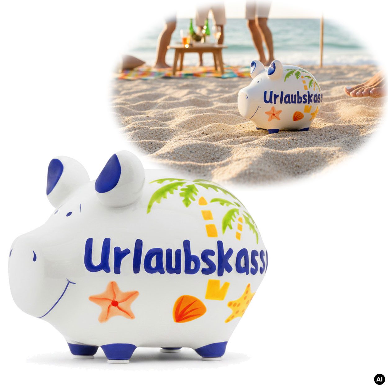 LS-LebenStil Spardose Keramik Sparschwein Spruch Urlaubskasse Palme Weiß Blau Sparbüchse, (perfekt als Geschenk zum Geburtstag Hochzeit oder Verlobung, Taufe, 1-tlg., 100% von Handbemalt, mit Filzgleiter - keine Kratzer), Exklusives Design, Originelle lustige Sprüche
