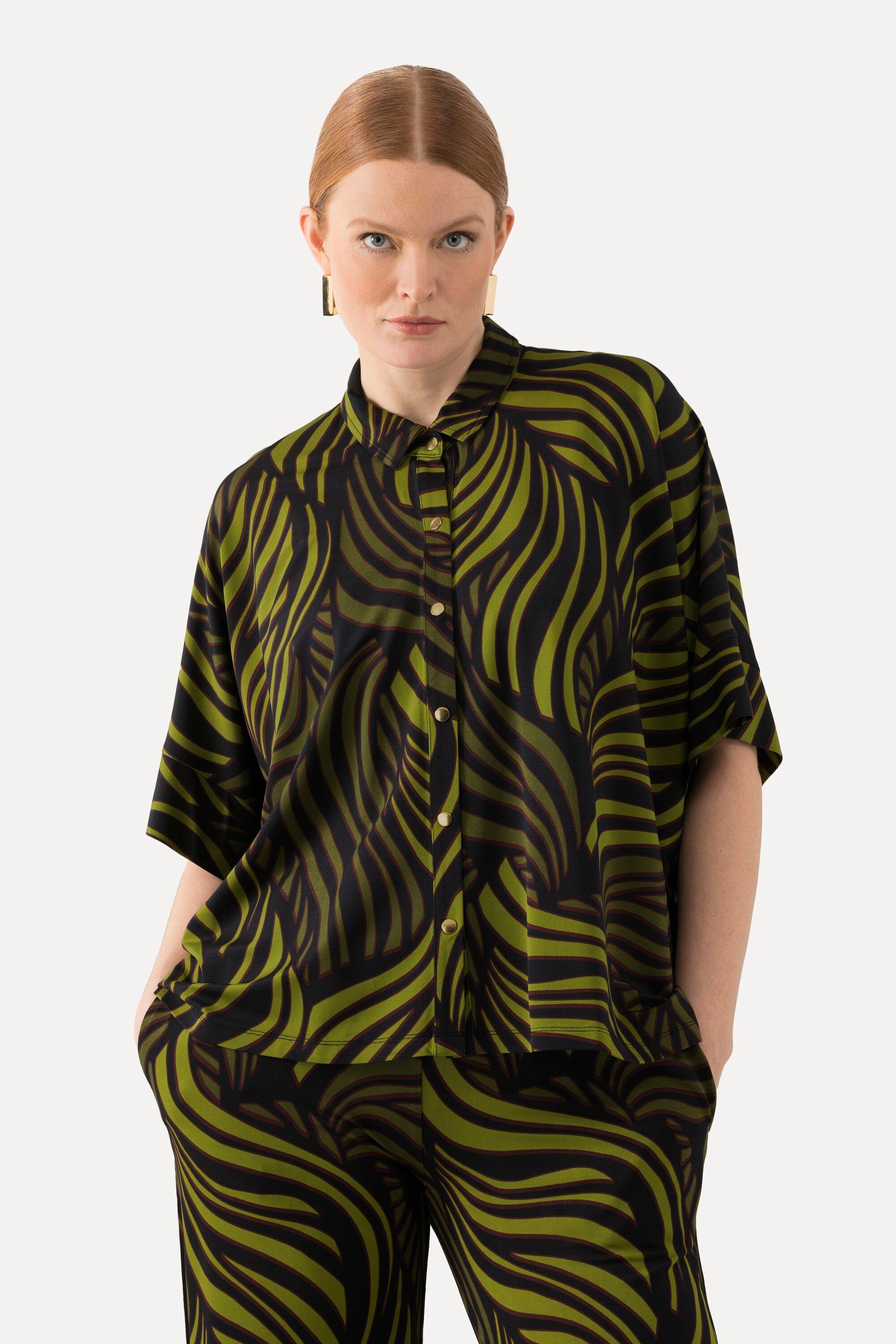 Ulla Popken Druckbluse Slinkybluse Palmenblätter Hemdkragen günstig online kaufen