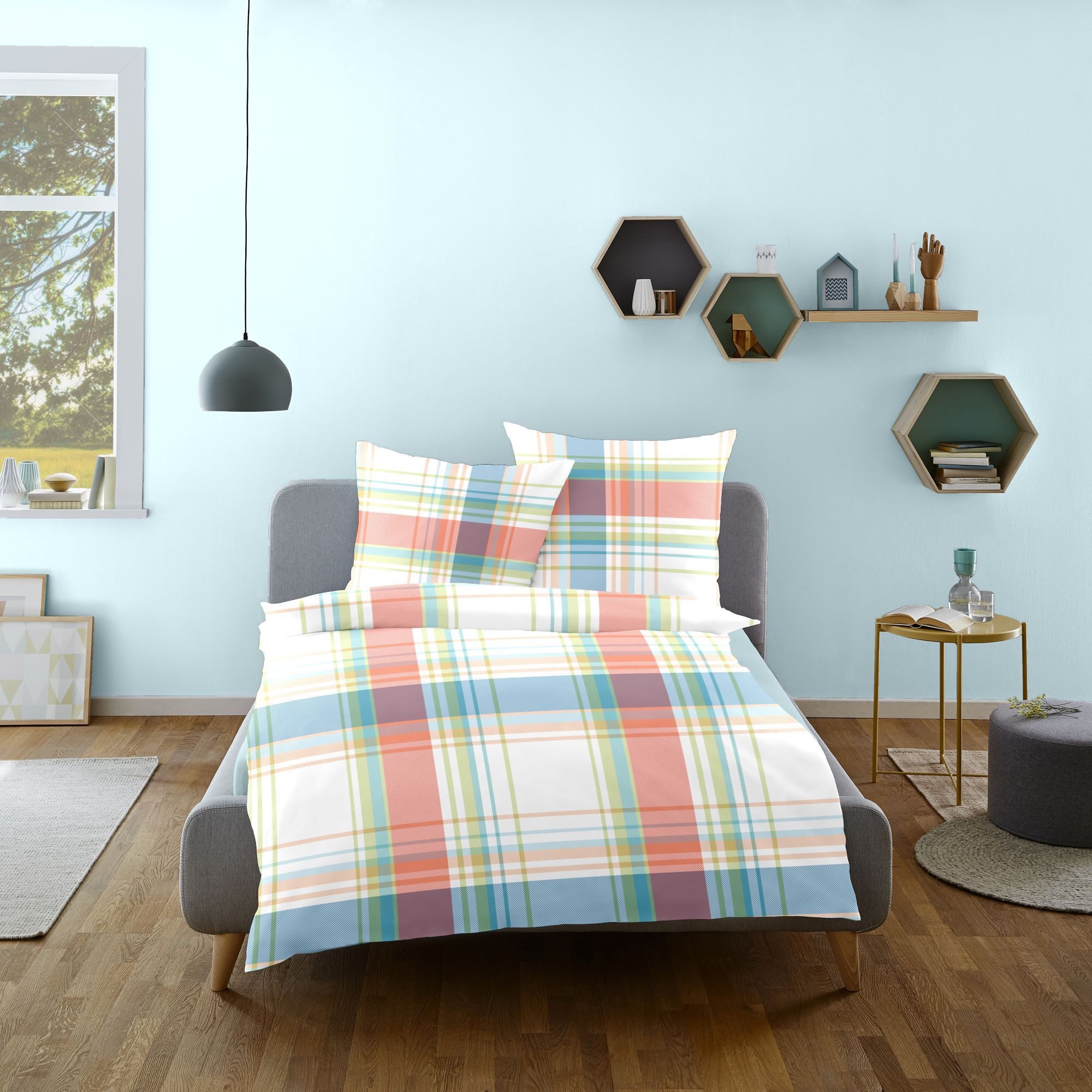 Dormisette Bettwäsche Dormisette Mako Satin Bettwäsche 155x220 Karo orange blau grün weiß, Mako-Satin, 2 teilig