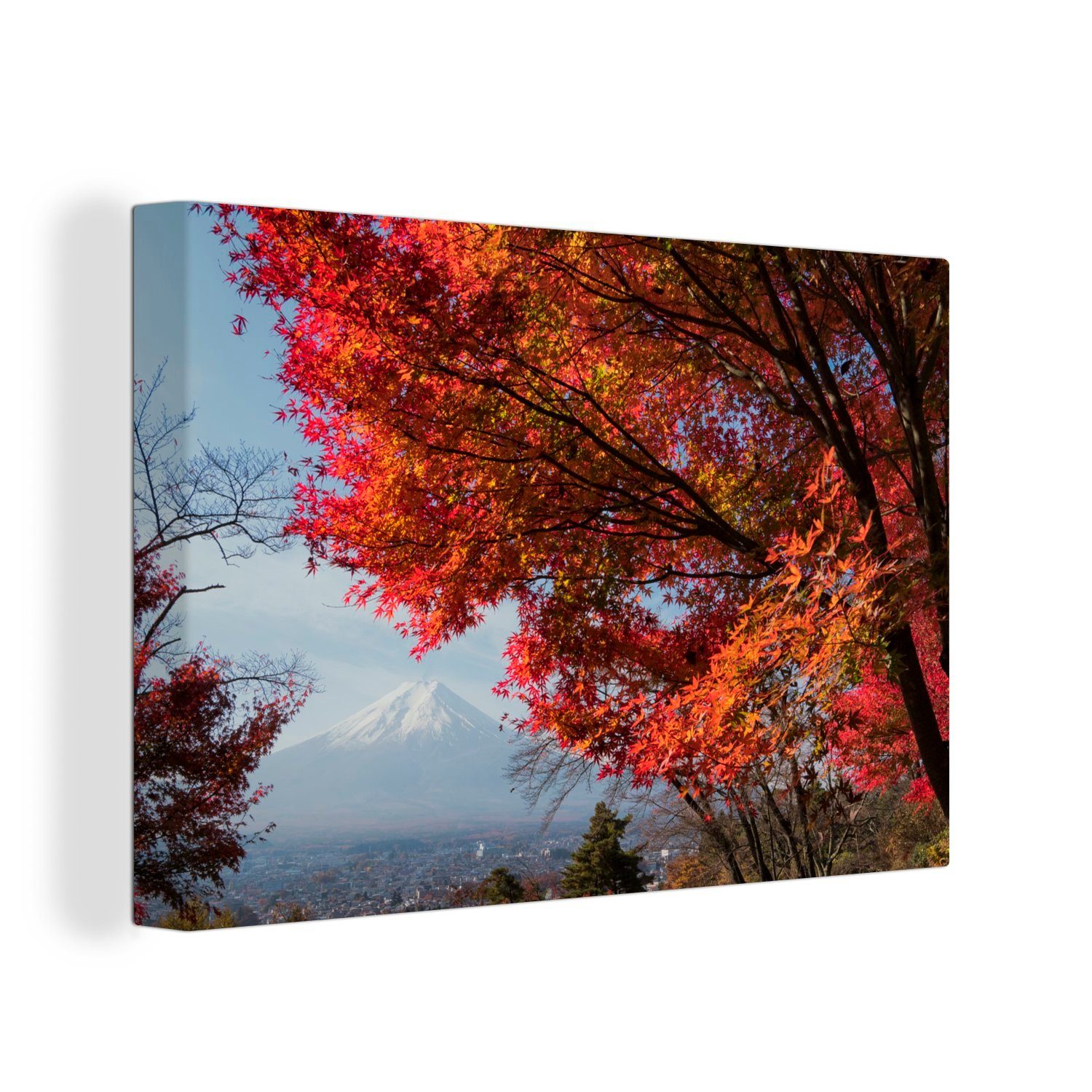 OneMillionCanvasses® Leinwandbild Berg Fidschi mit einem roten Ahornbaum, (1 St), Wandbild Leinwandbilder, Aufhängefertig, Wanddeko, 30x20 cm