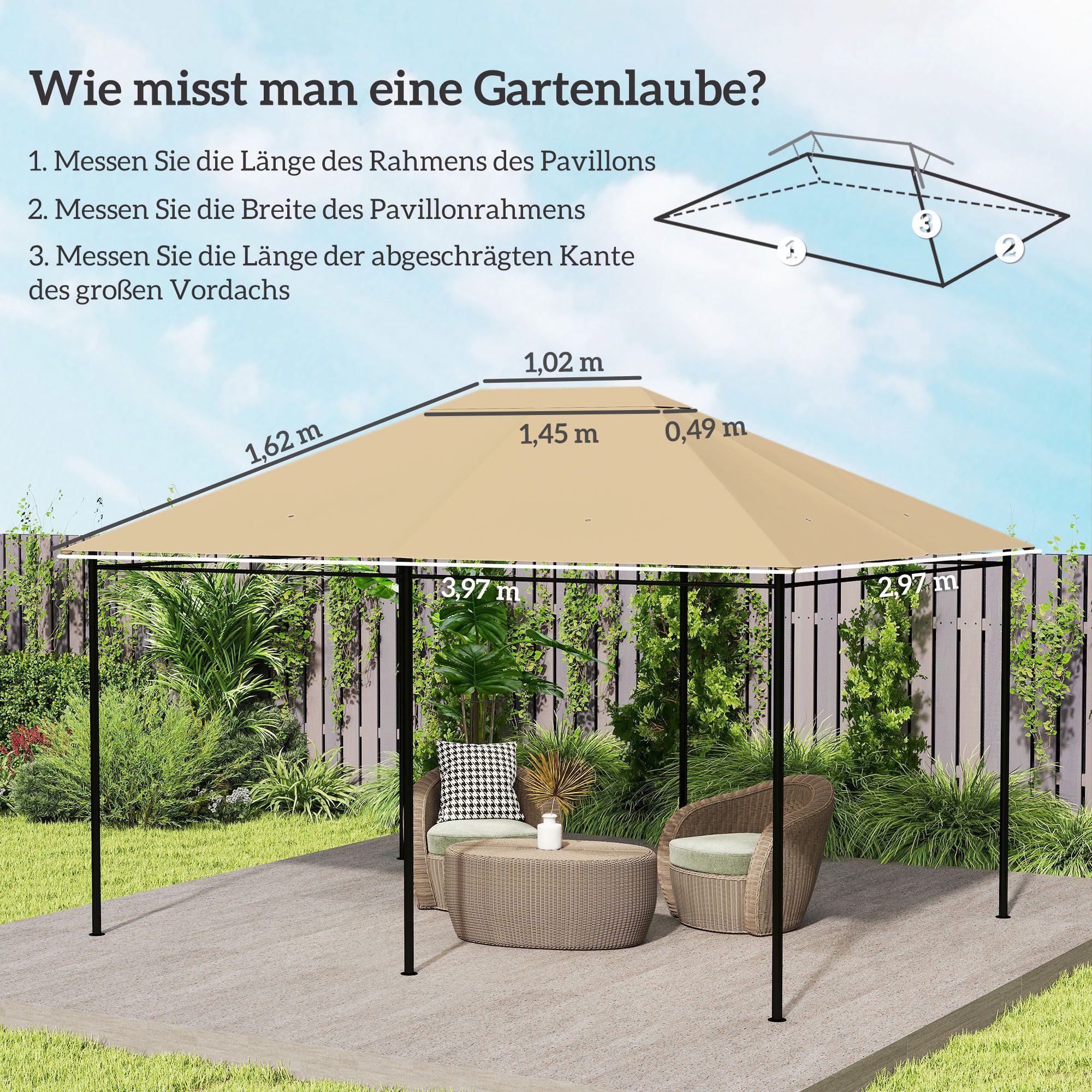 Outsunny Pavillon-Ersatzdach für Pavillon 4 x 3m, wasserabweisend mit UV Schutz 30+, 180 g/m², 397 x 297 cm (Ersatzbezug, Ersatzteile), UV30+ Schutz, wasserabweisend, mit Lüftungsöffnung