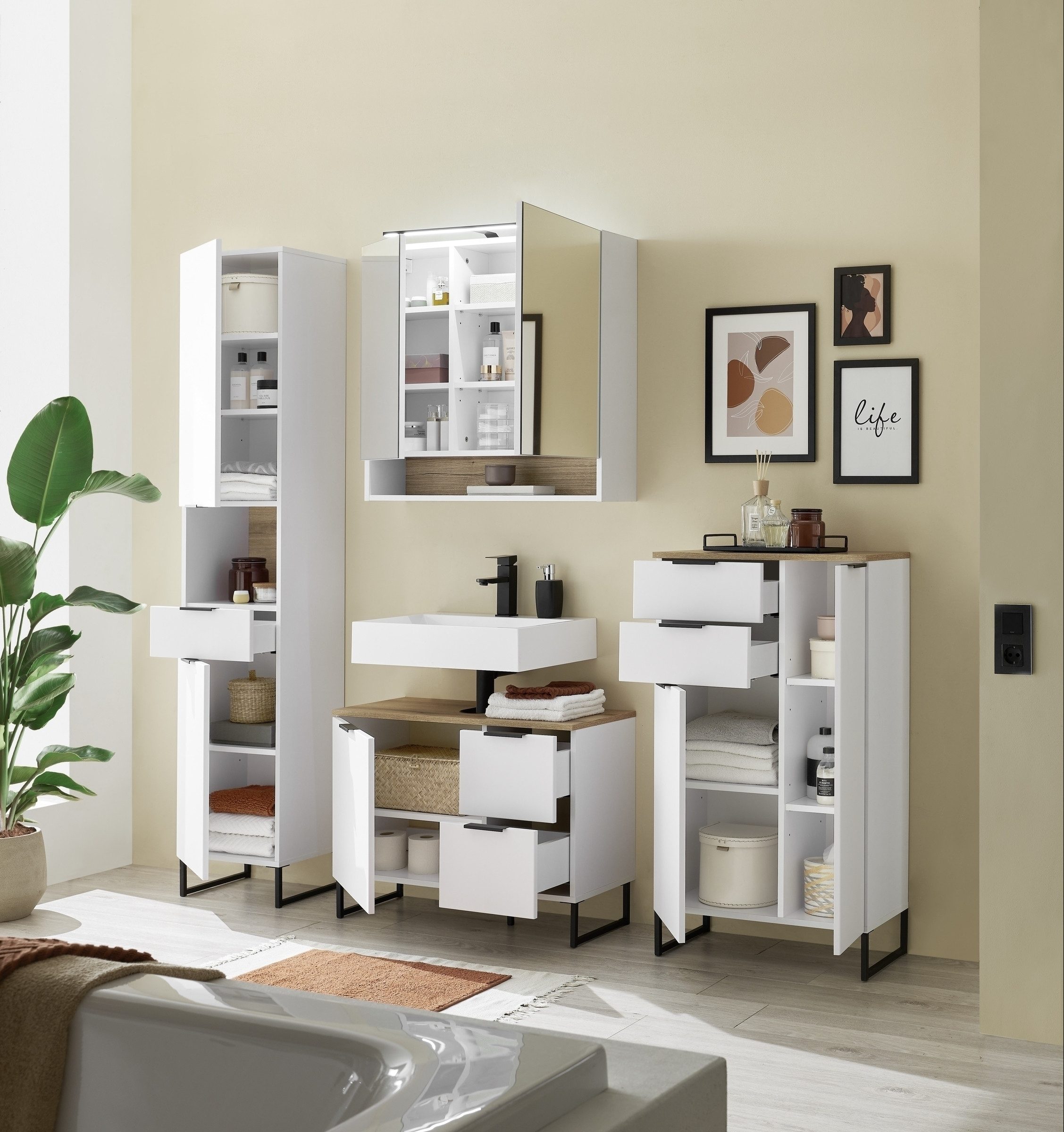 PREISBRECHER Badezimmer-Set Denver, (Highboard), (4-tlg) in weiß / Evoke Eiche Dekor - 220x195x35 (BxHxT)