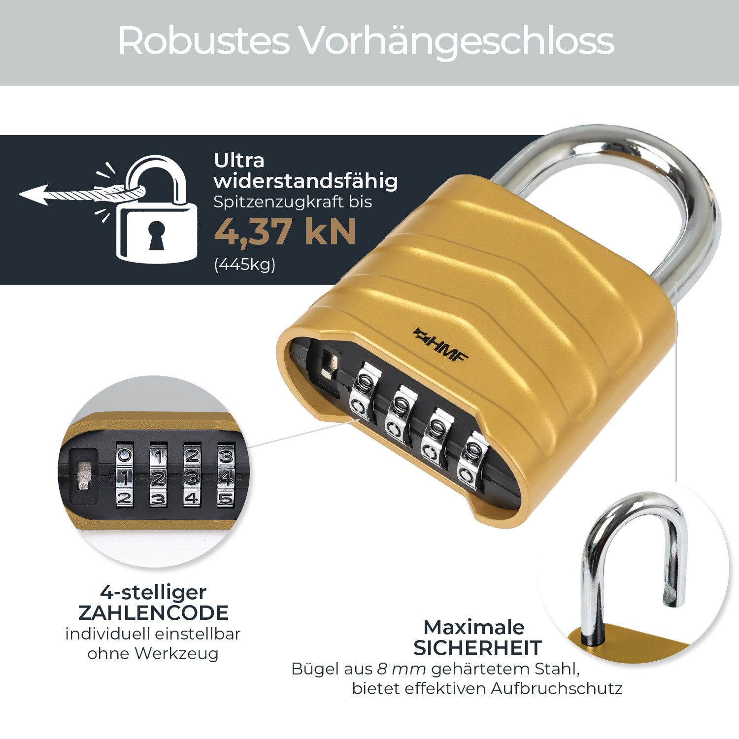 HMF Vorhängeschloss Zahlenschloss Vorhängeschloss, Schloss mit 4-stelligem Zahlencode, aus Aluminiumlegierung, 5,6 x 2,6 x 8,7 cm, Gold