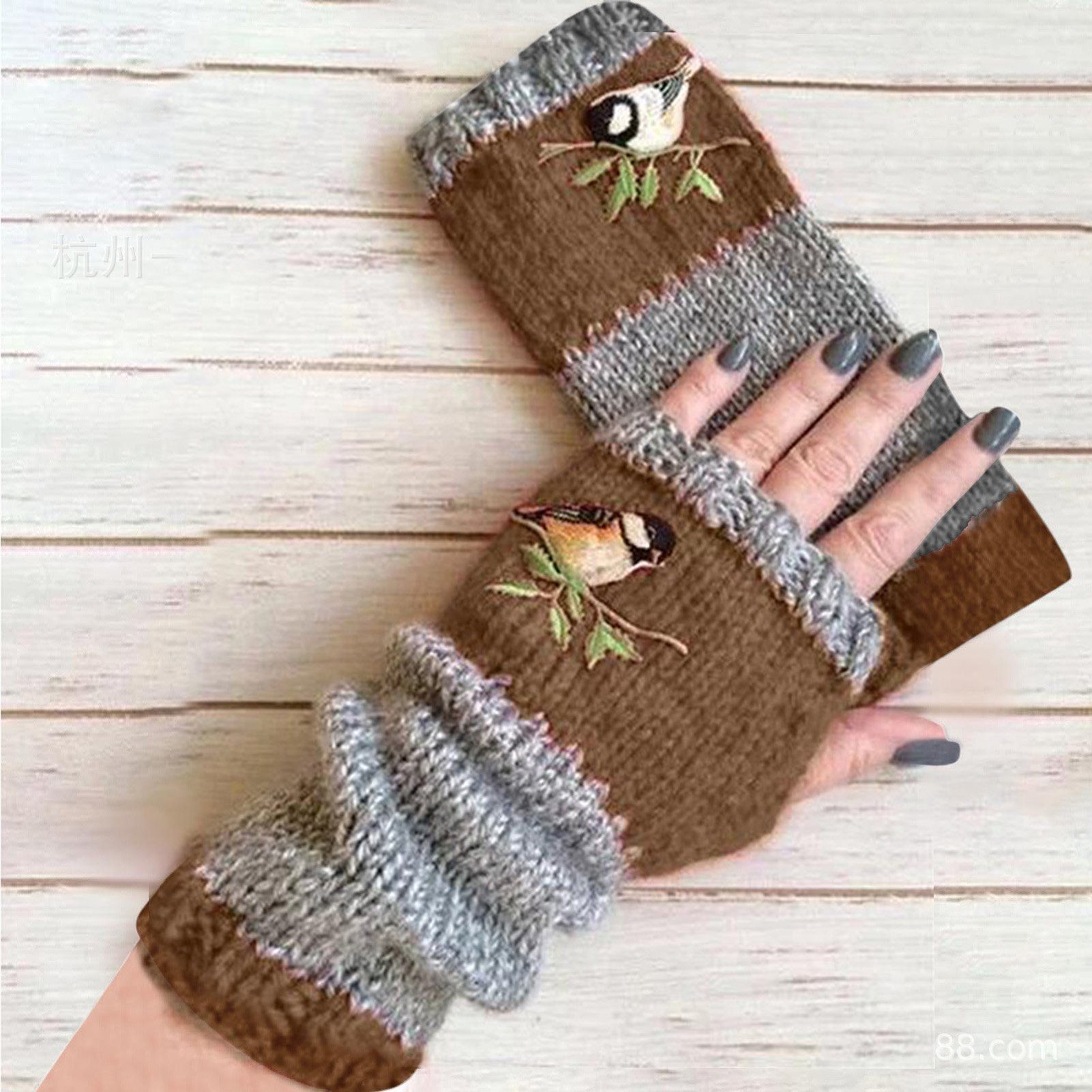 Rutaqian Strickhandschuhe Frauen Halbfinger Stretchy Knit Vogel Stickerei Fingerlose Handschuhe (Dehnbare Armwärmer Stulpen Warme Handgelenk Winterhandschuhe, Gestrickt Handwärmer Ärmel Fingerlose Fäustlinge) braun