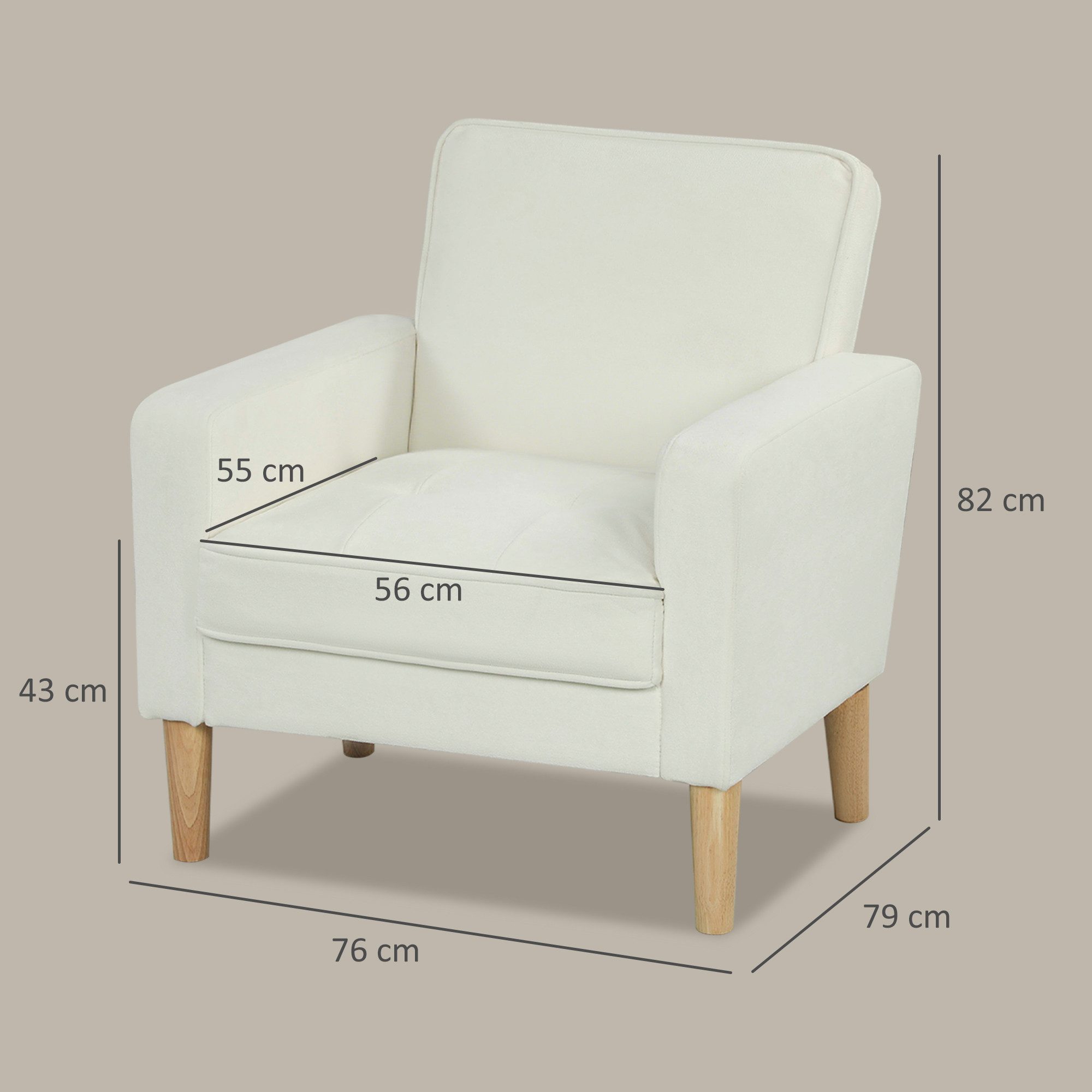 HOMCOM Sessel Moderner Akzentstuhl aus Stoff (gepolsterter Ohrensessel mit Holzbeinen, gepolstertes Kissen, 1-St., für Wohnzimmer), 79 x 76 x 82 cm, Cremeweiß