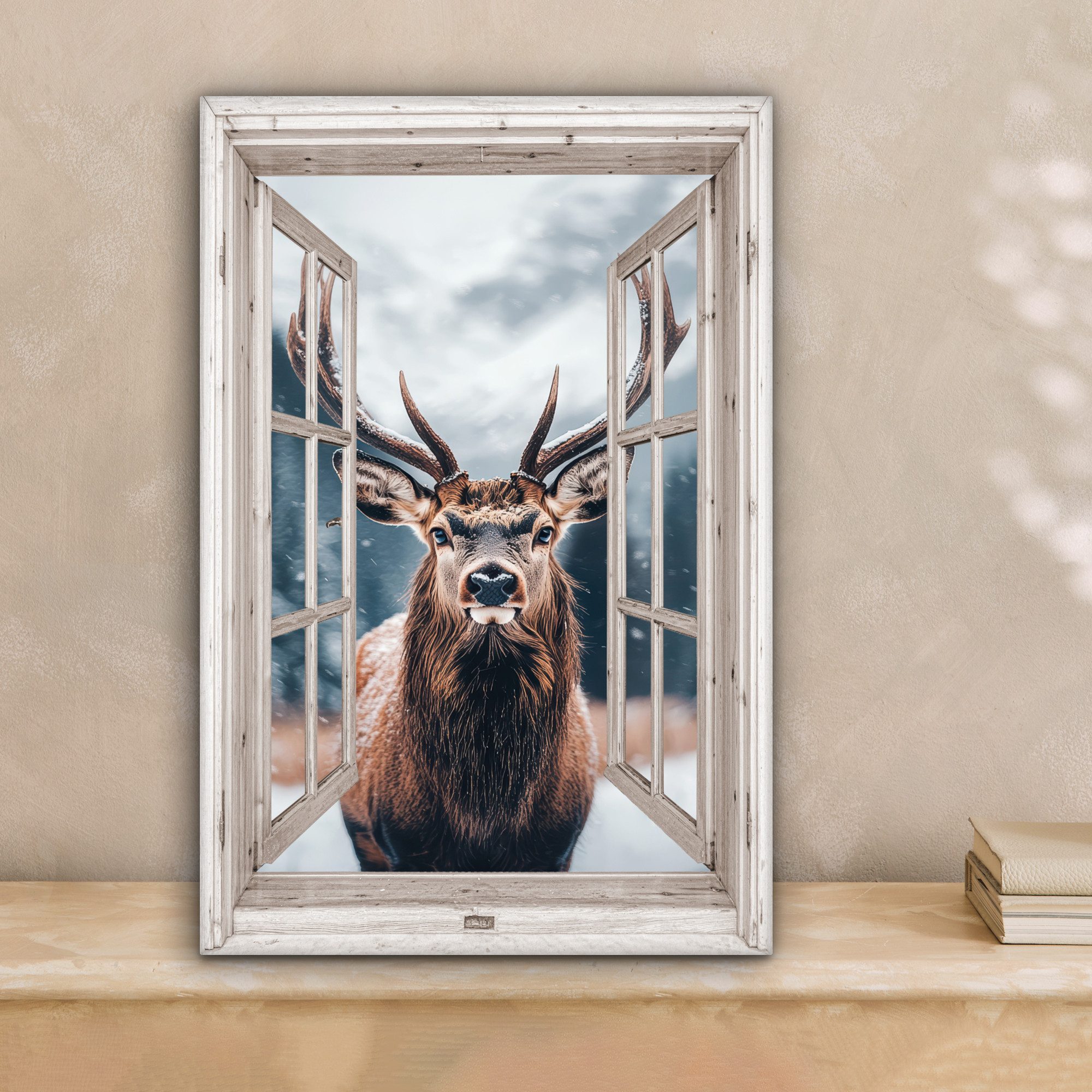 OneMillionCanvasses® Leinwandbild Hirsche - Tiere - Landschaft - Winter - S günstig online kaufen