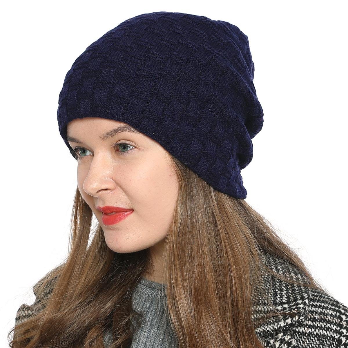 DonDon Beanie Damen Beanie mit Teddyfleece Flechtmuster dunkelblau Winter Style Slouch Innenfutter 1-St) Beanie Wintermütze, und (Packung, mit