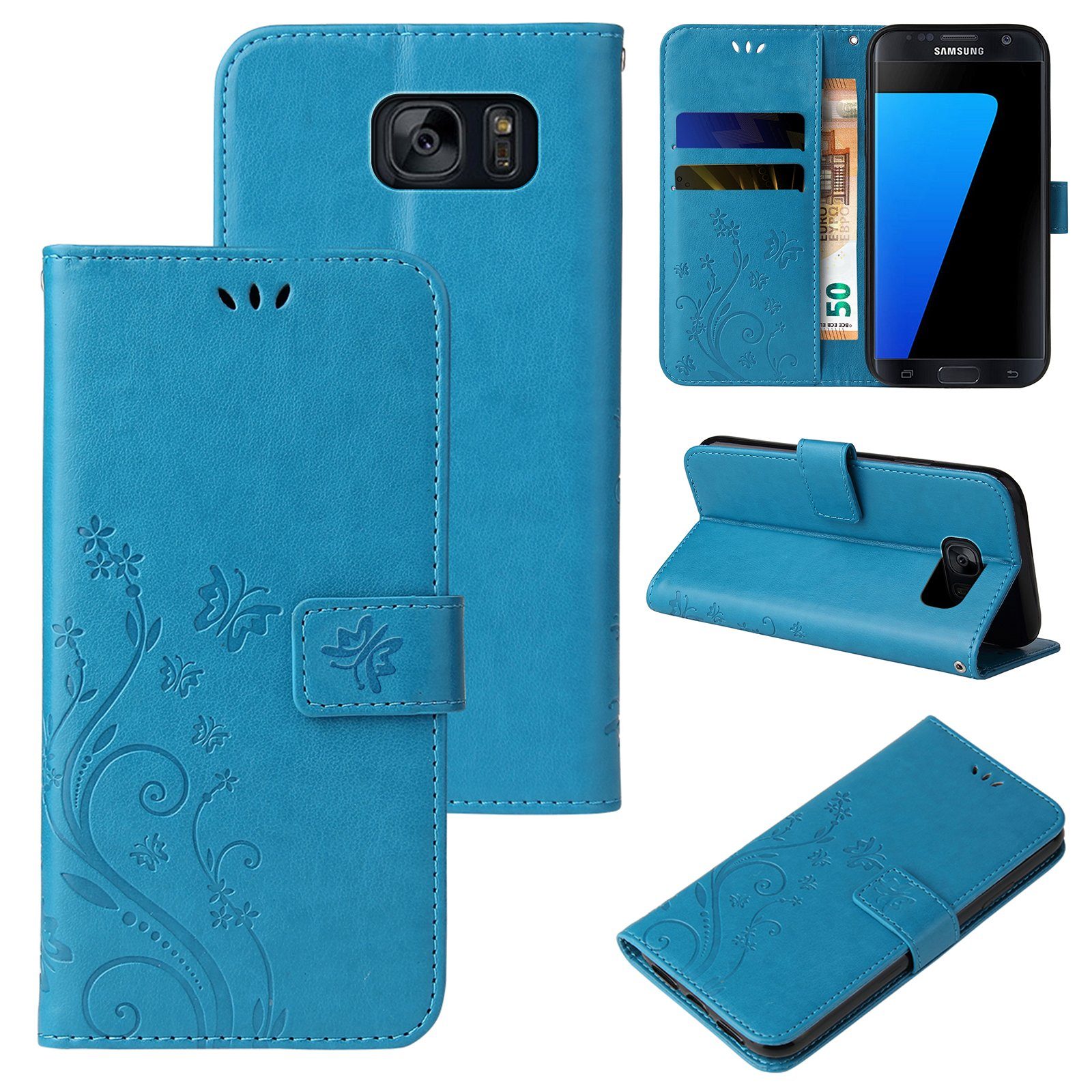Tec-Expert Handyhülle Cover Tasche Hülle für Samsung Galaxy S7 5,1 Zoll, Klapphülle Case mit Kartenfach Fliphülle aufstellbar, Motiv Blumen
