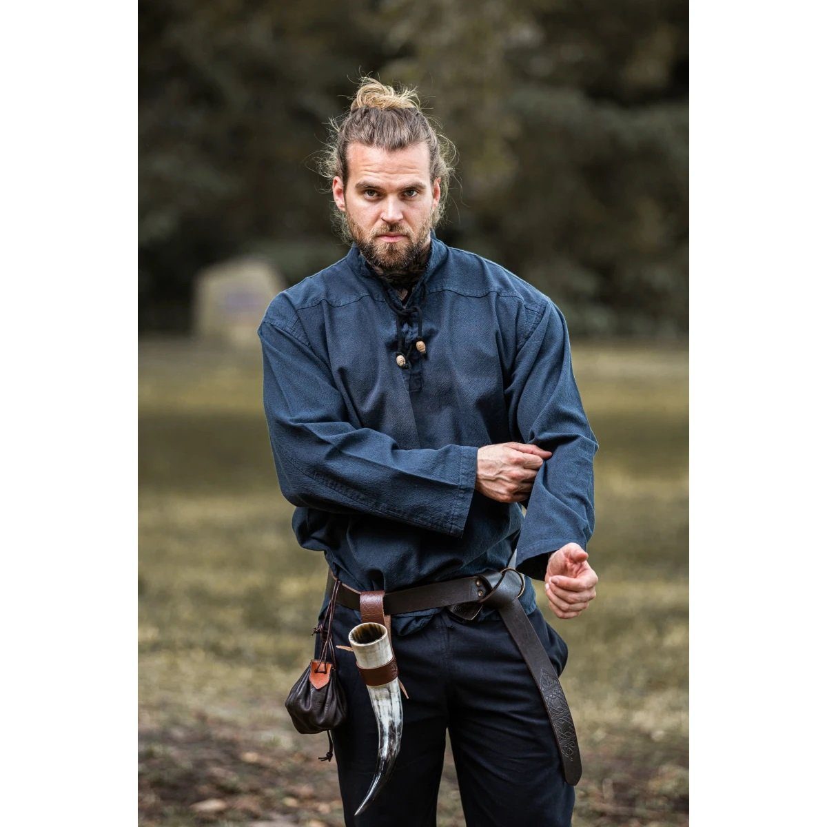 Leonardo Carbone Wikinger-Kostüm Mittelalterhemd mit Schnürung "Ansbert" Blau S