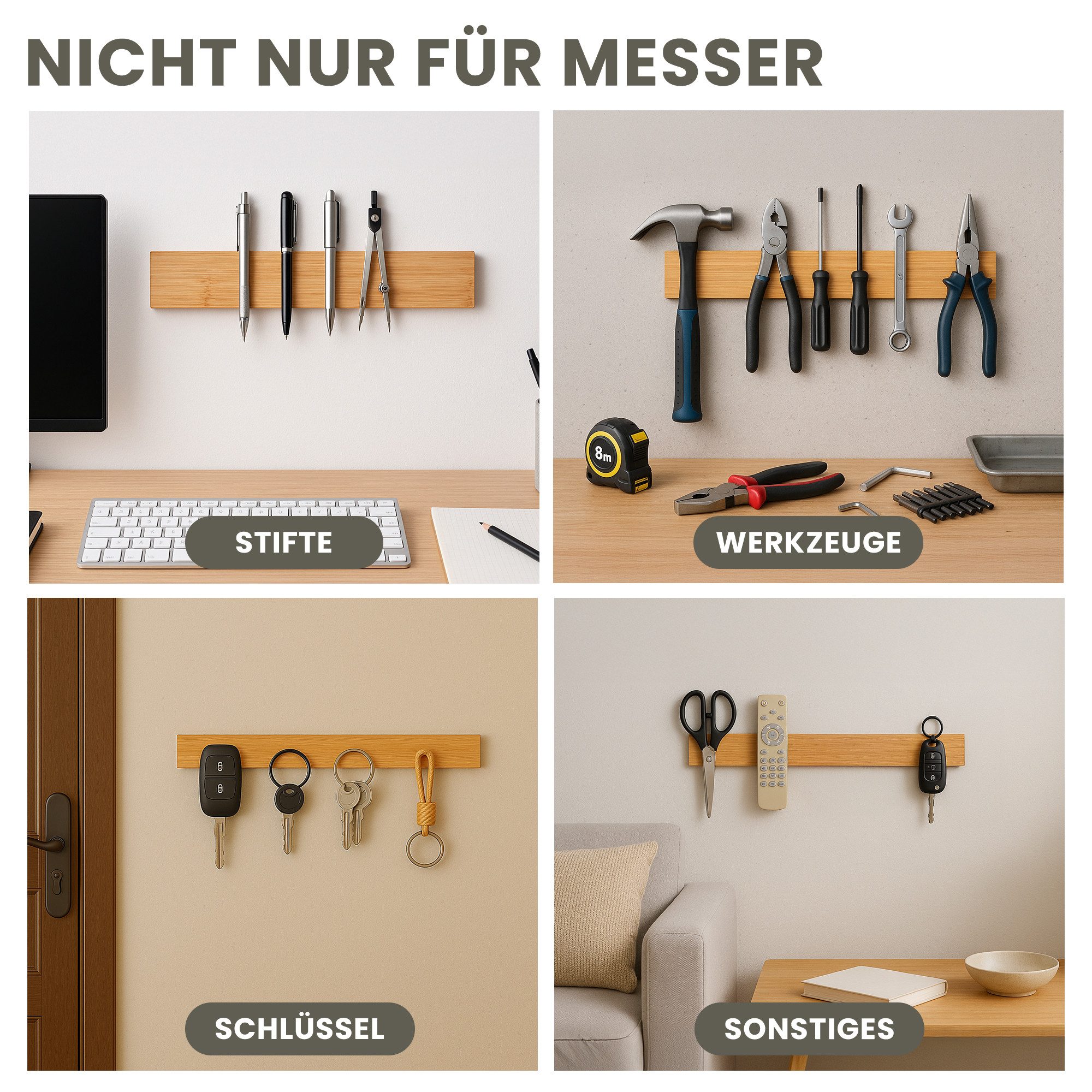 PROREGAL® Wand-Magnet Messerhalter Messerhalter aus Bambus 6,2x2,1x40cm Inkl. 3 silberne Haken Bambus, Extra stark magnetischer Messerstreifen zum Kleben oder Schrauben