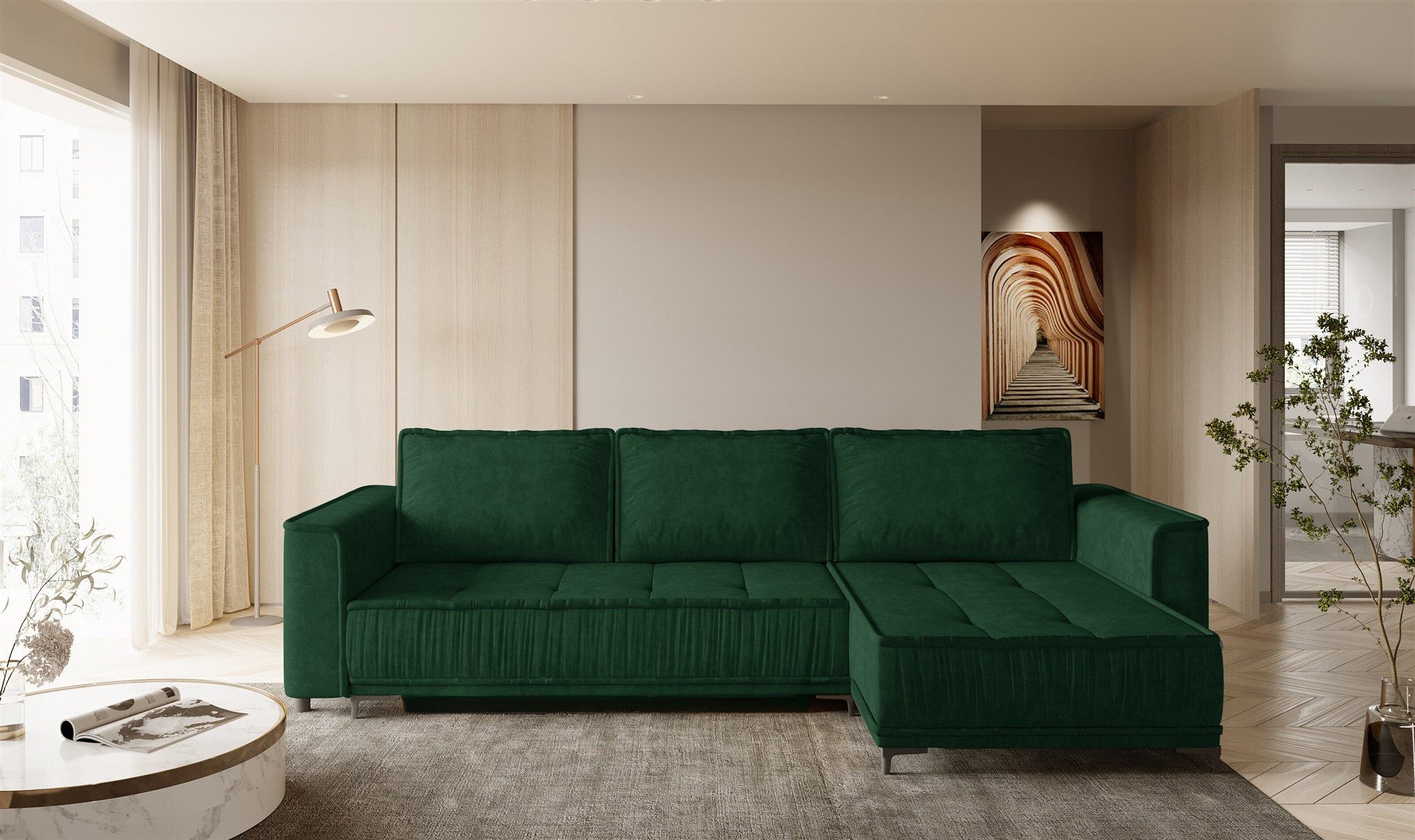 Fun Möbel Ecksofa Schlafsofa JUNA mit Ottomane in Stoff Terra, inkl. Bettkasten, Rundumbezug