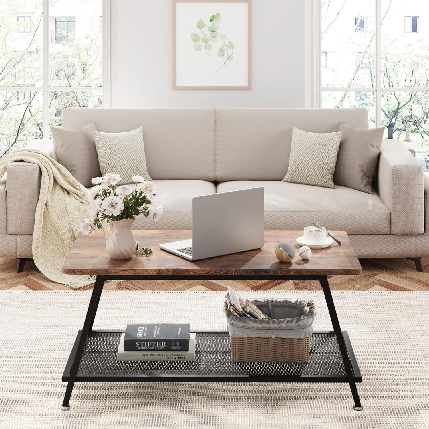GarveeMore Couchtisch Industrieller brauner Mitteltisch, 2-stöckig, günstig online kaufen