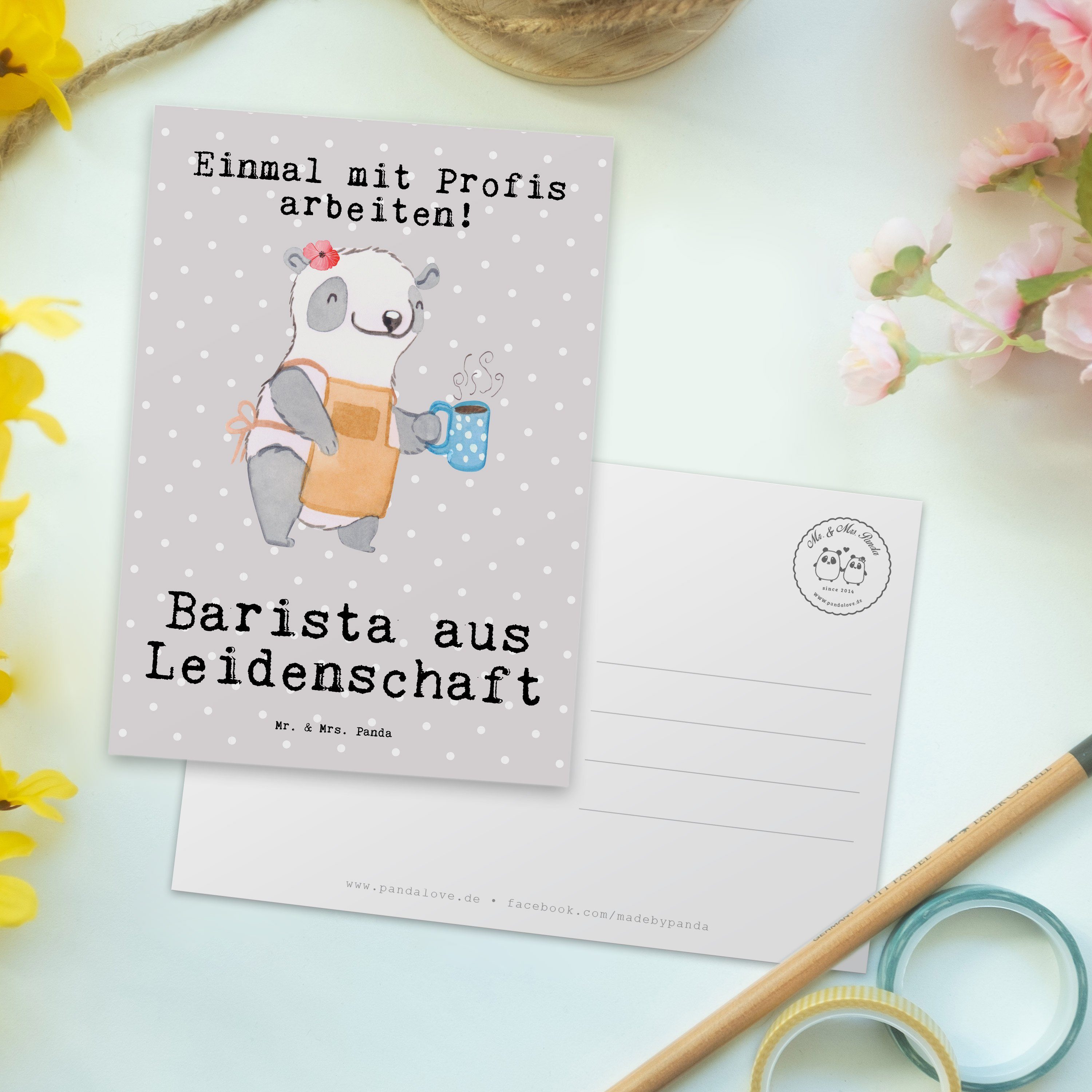 Pastell G - Barista Karte, Panda Postkarte Leidenschaft Grau Geschenk, - Mrs. Mr. aus & Kollege,