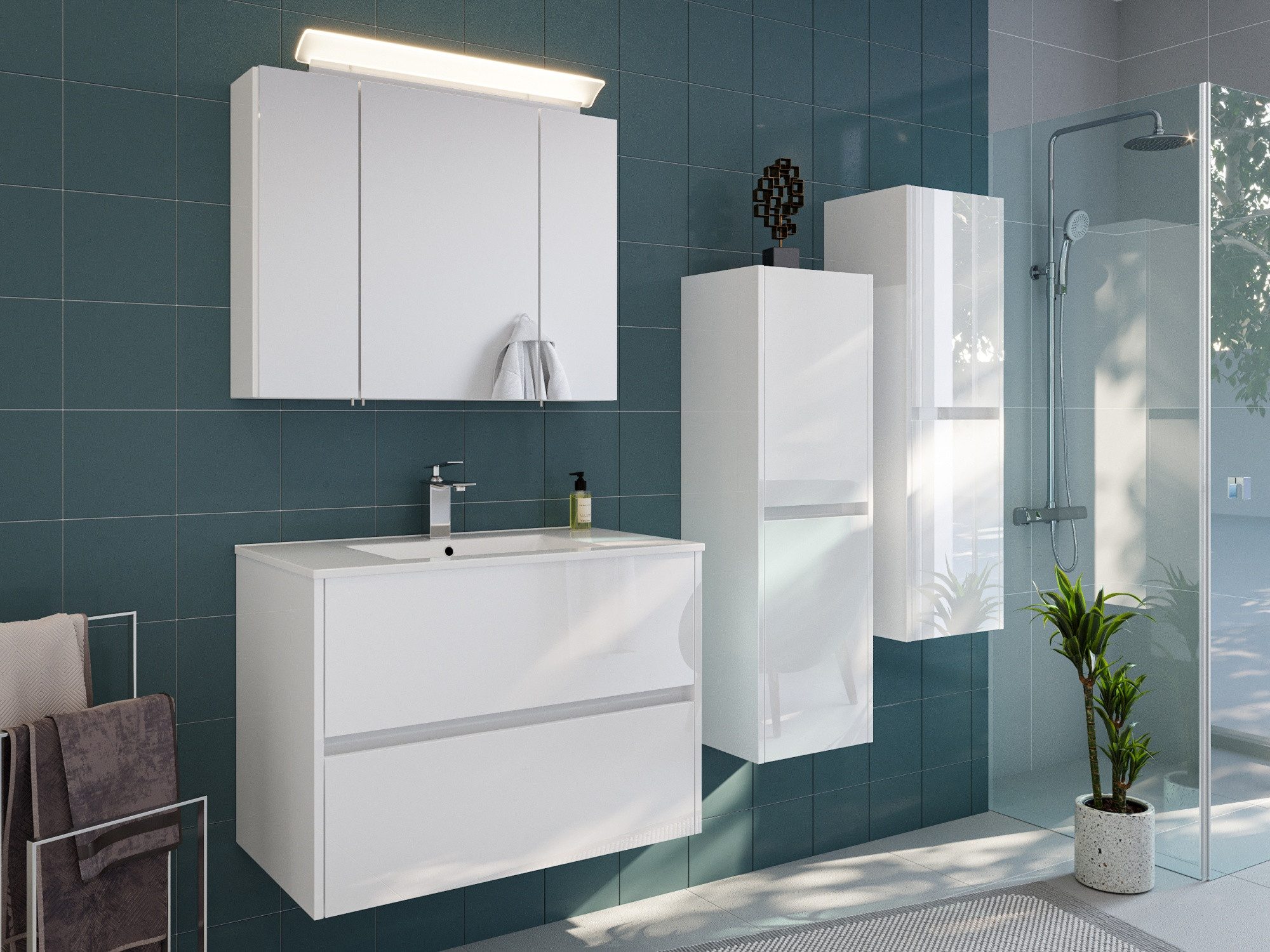 Magnolia Home Badmöbel-Set Badmöbelset Taifun 80cm 4tlg mit Spiegelschrank & 2x Seitenschrank wei