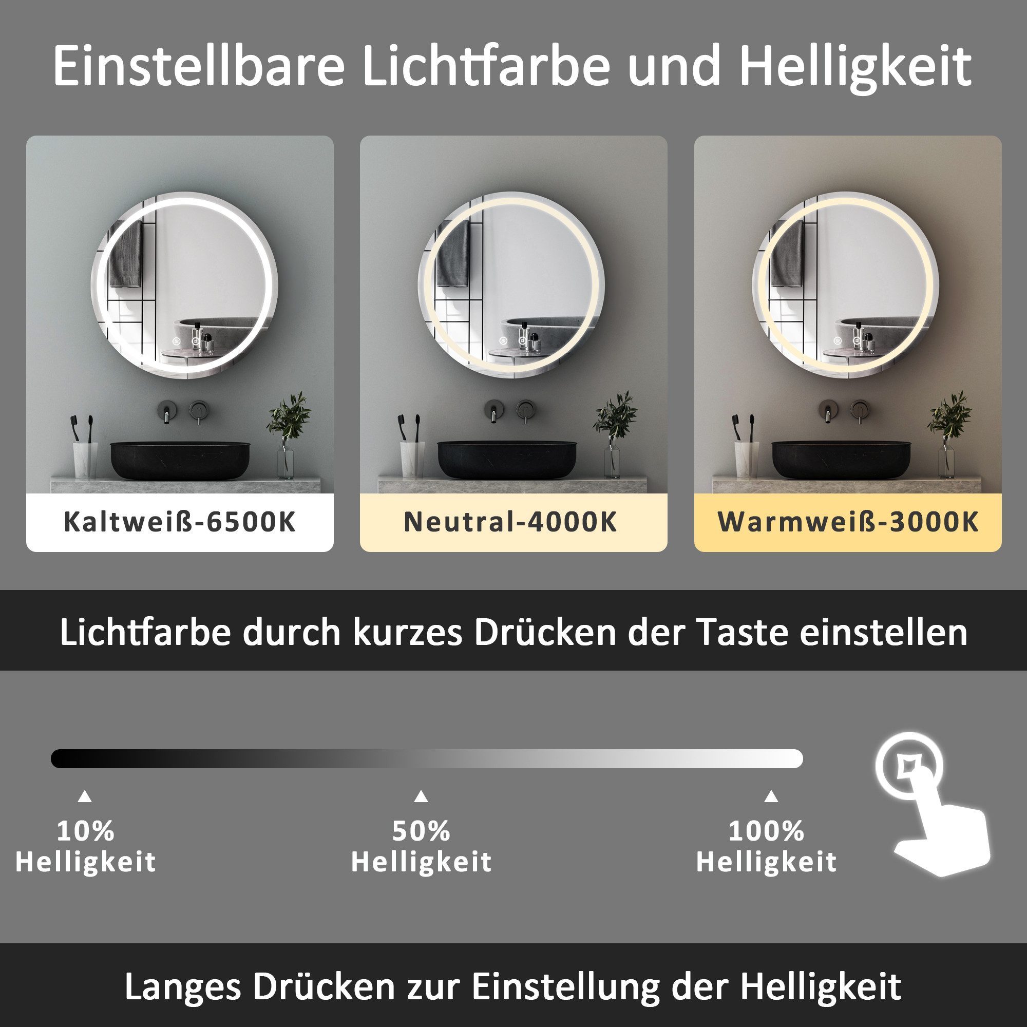WDWRITTI Spiegelschrank Metall Rund 80cm 60cm Badezimmerspiegelschrank mit LED 3Lichtmodi (Wandschrank Hängeschrank Schwarz, Helligkeit dimmbar, Anti-fog, Speic – Bild 5 von 5