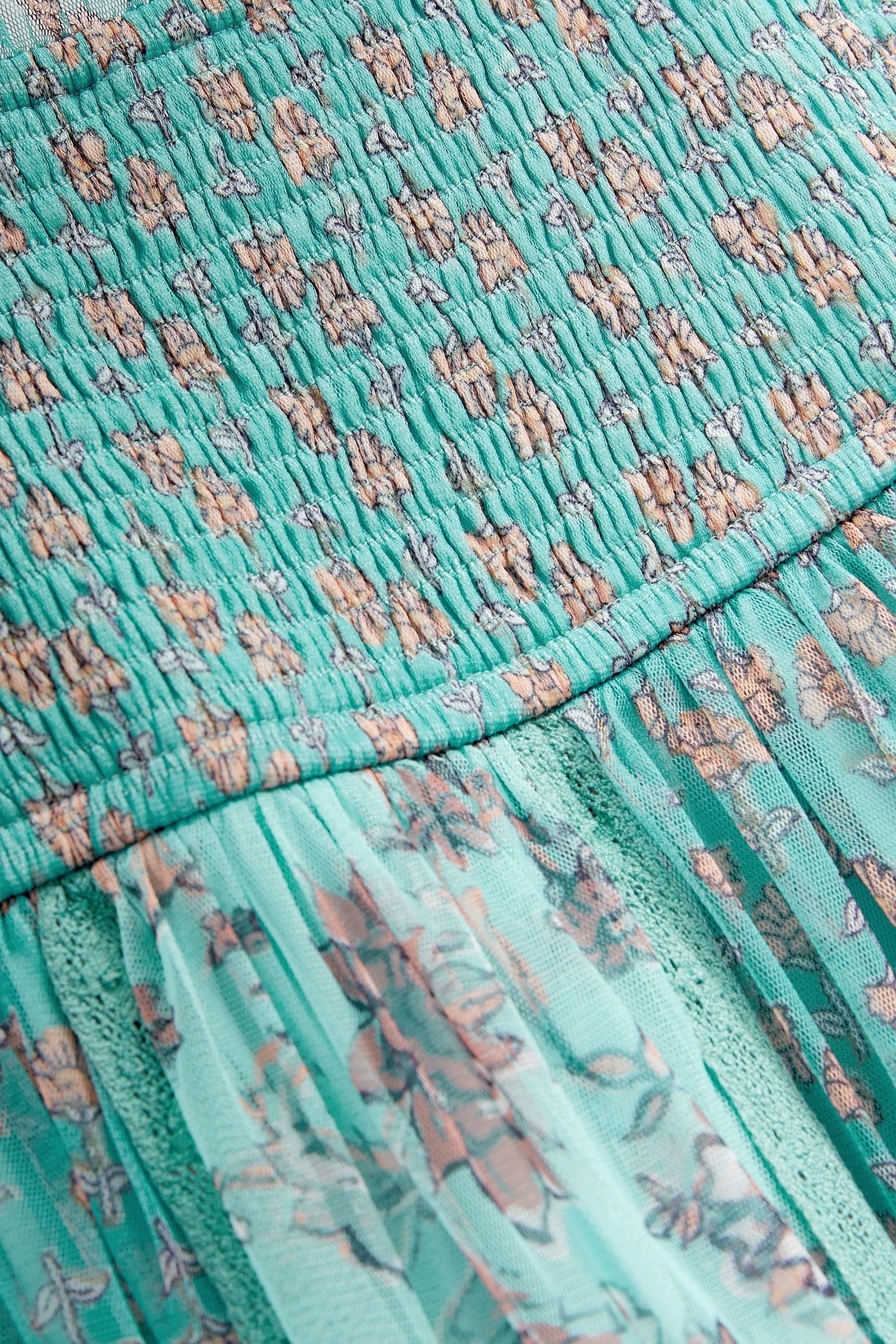 Midikleid (1-tlg) Teal Print weichem mit aus Green Mesh Blue/Mint Next Partykleid Floral Trägern
