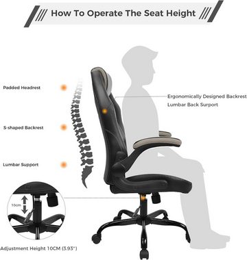 BASETBL Gaming-Stuhl (PC Stuhl mit breite sitzfläche, Chefsessel, Drehstuhl mit hoher Rückenlehne und hochklappbarer Rollen), Bürostuhl ergonomisch, klappbaren armlehnen, Atmungsaktiv bis 150KG